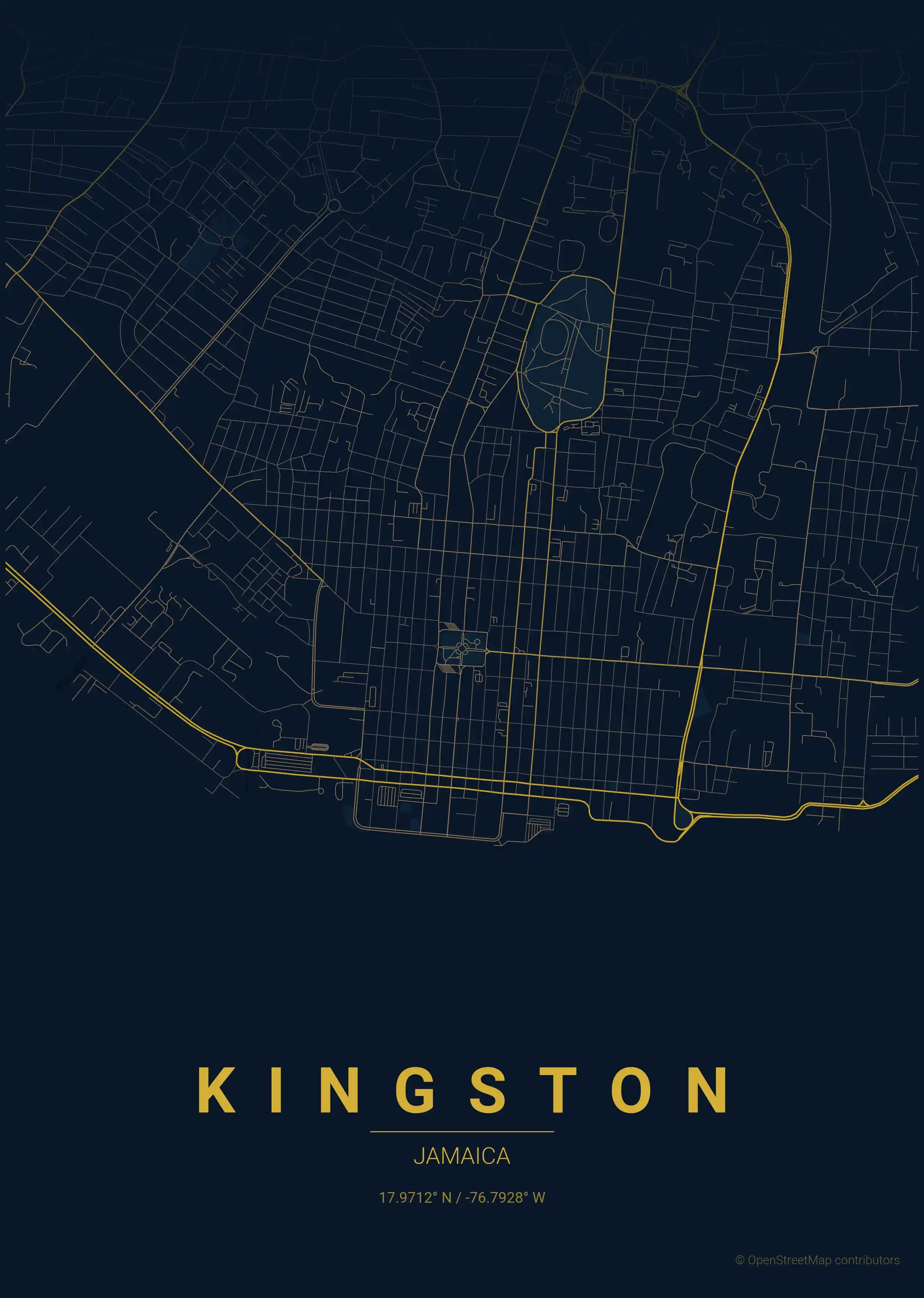 Minimalist midnight_blue street map of Kingston, Jamaica - Urban grid art