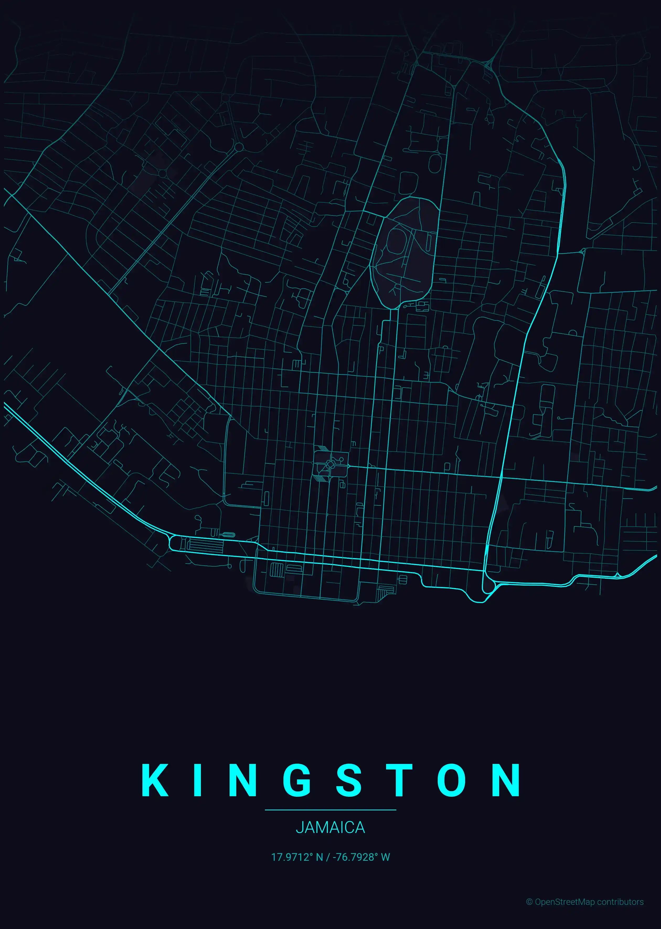 Minimalist neon_cyberpunk street map of Kingston, Jamaica - Urban grid art