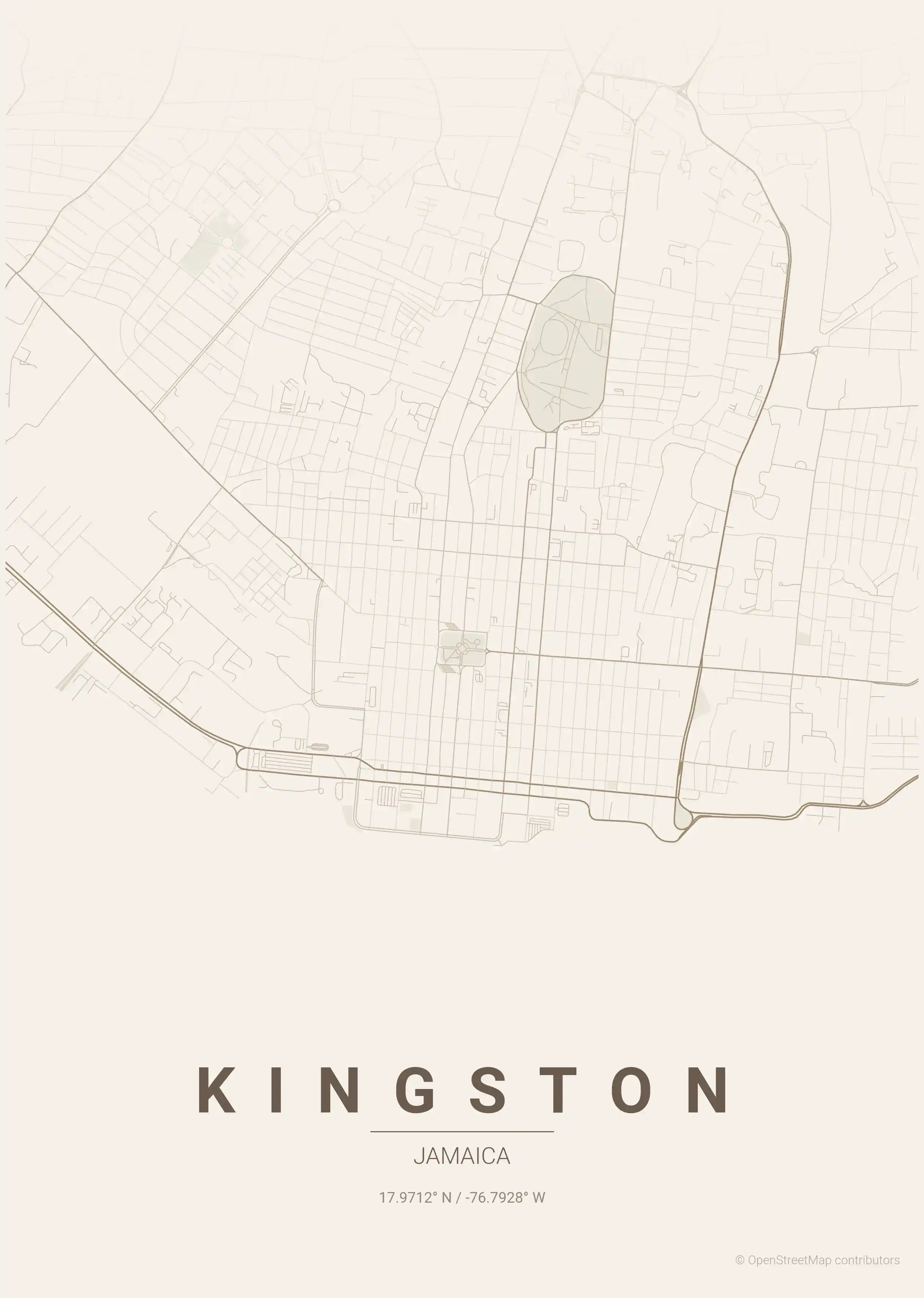 Minimalist warm_beige street map of Kingston, Jamaica - Urban grid art