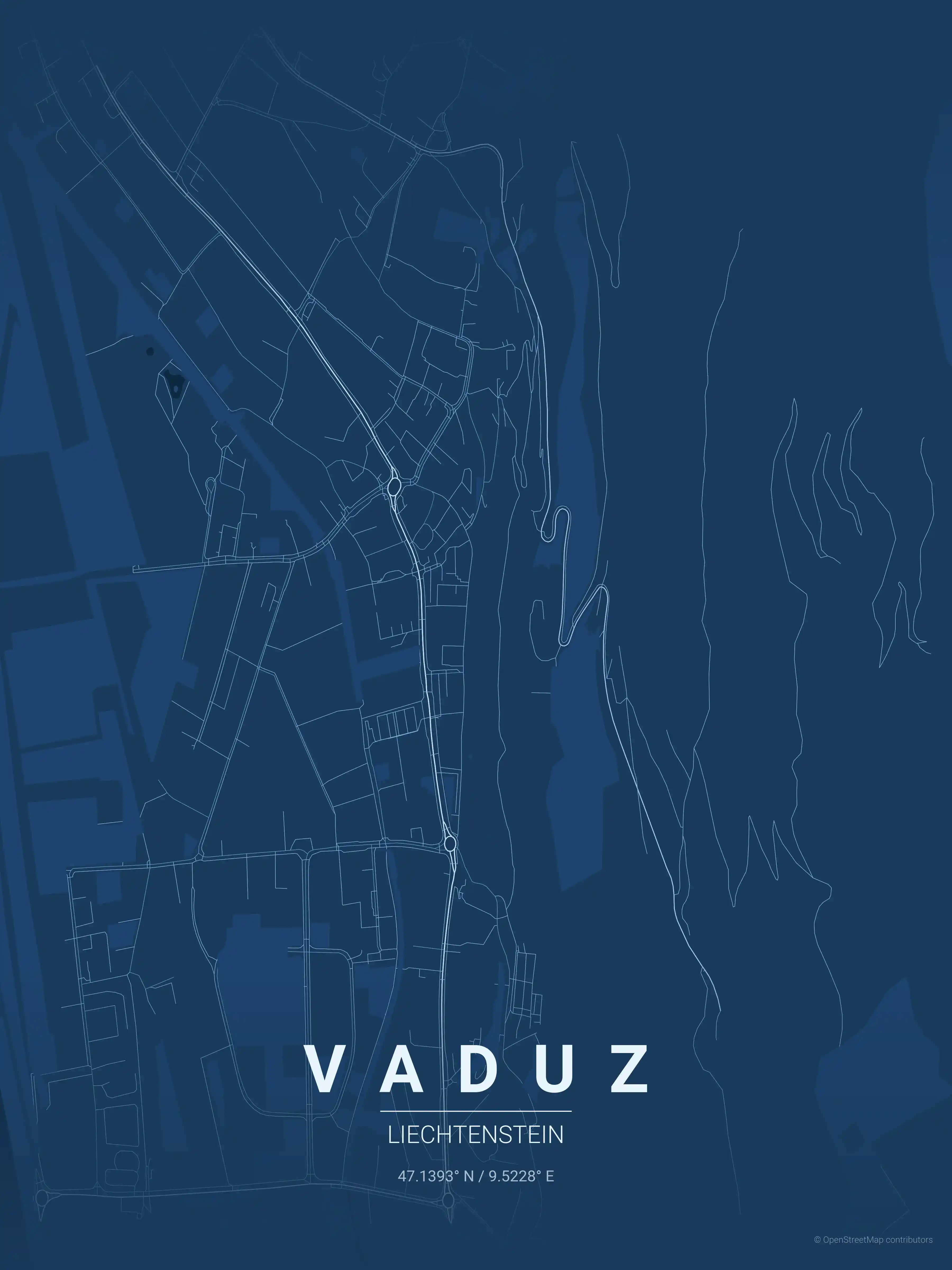 Minimalist blueprint street map of Vaduz, Liechtenstein - Urban grid art