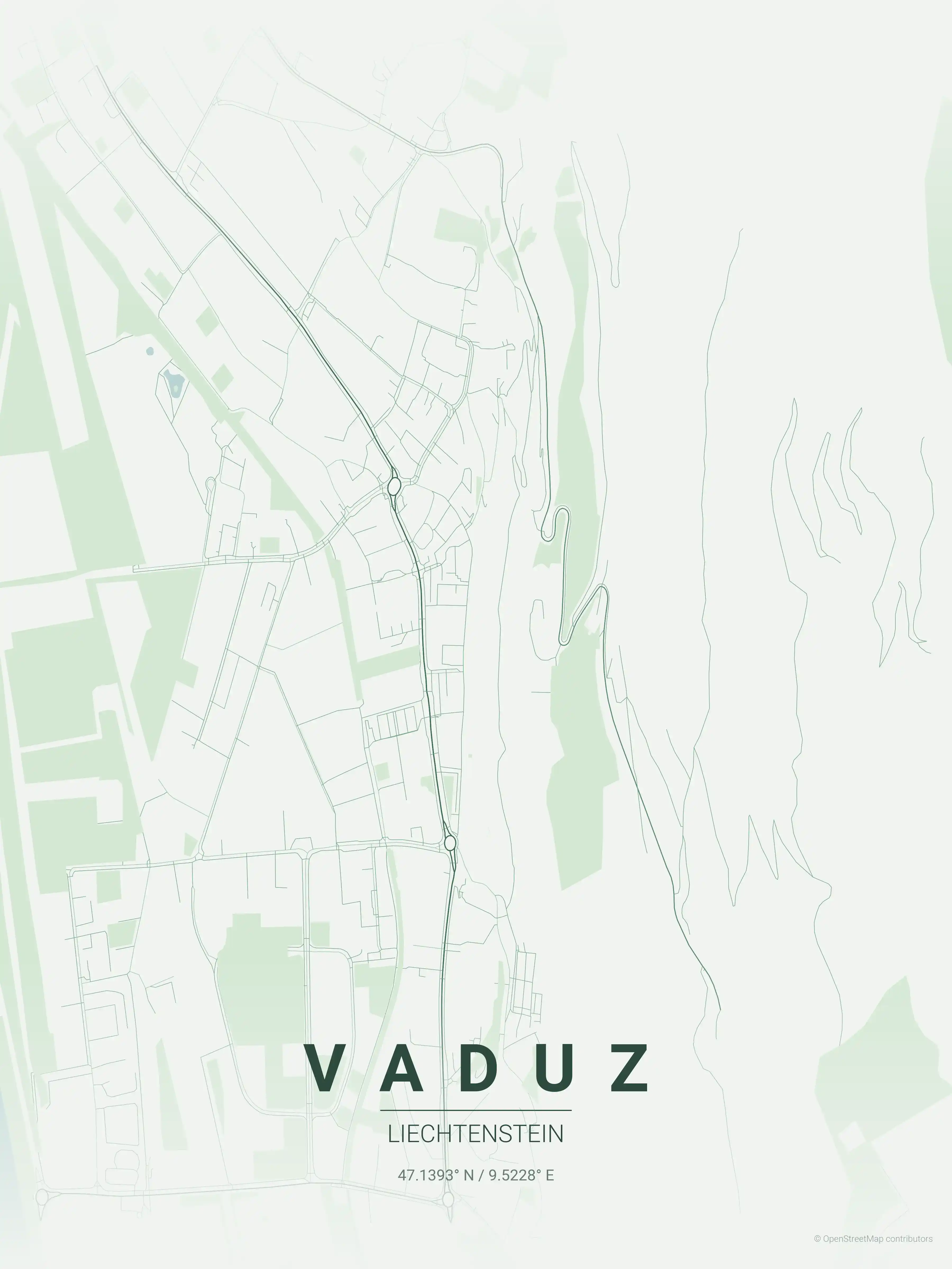 Minimalist forest street map of Vaduz, Liechtenstein - Urban grid art