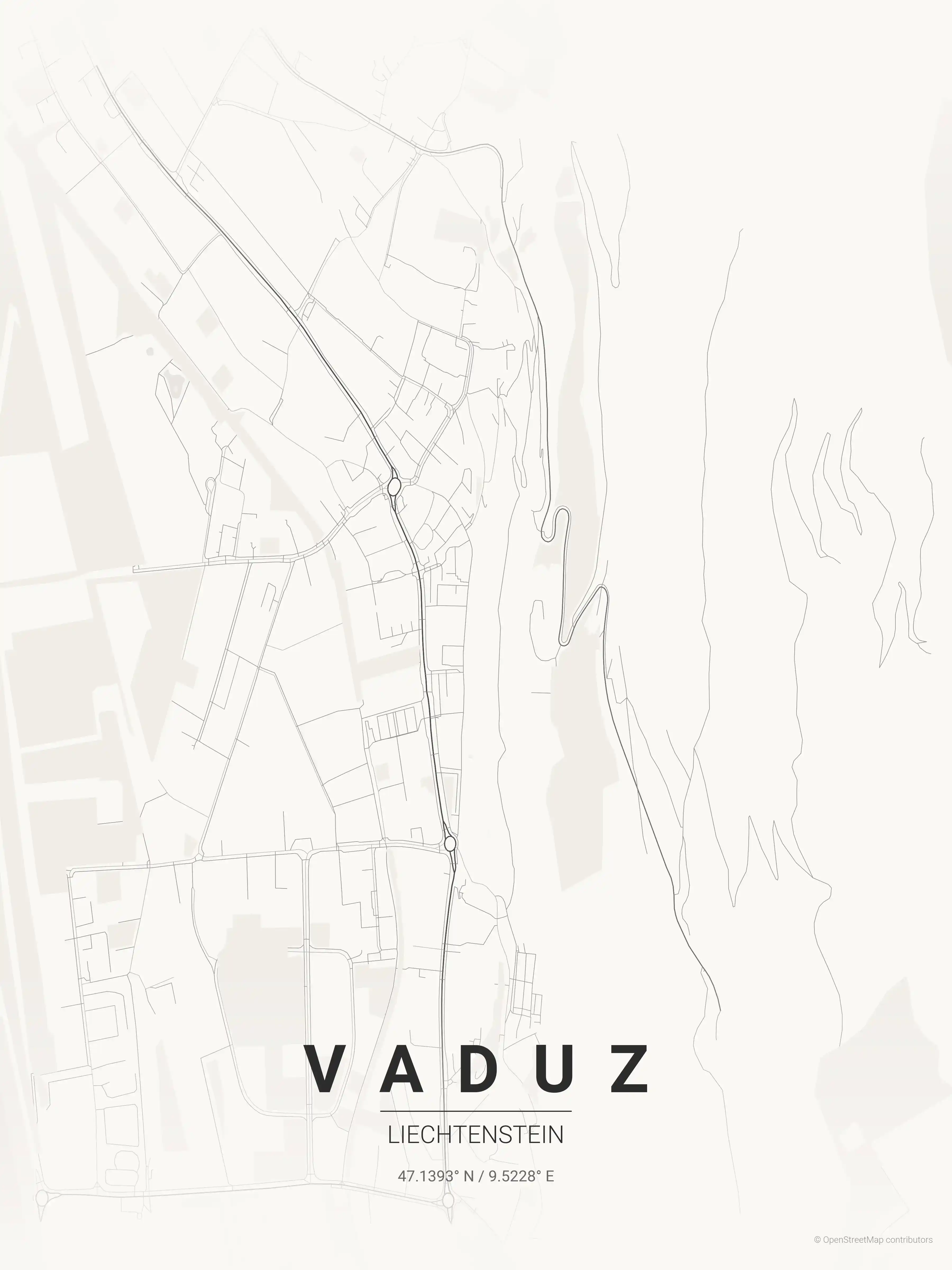 Minimalist japanese_ink street map of Vaduz, Liechtenstein - Urban grid art