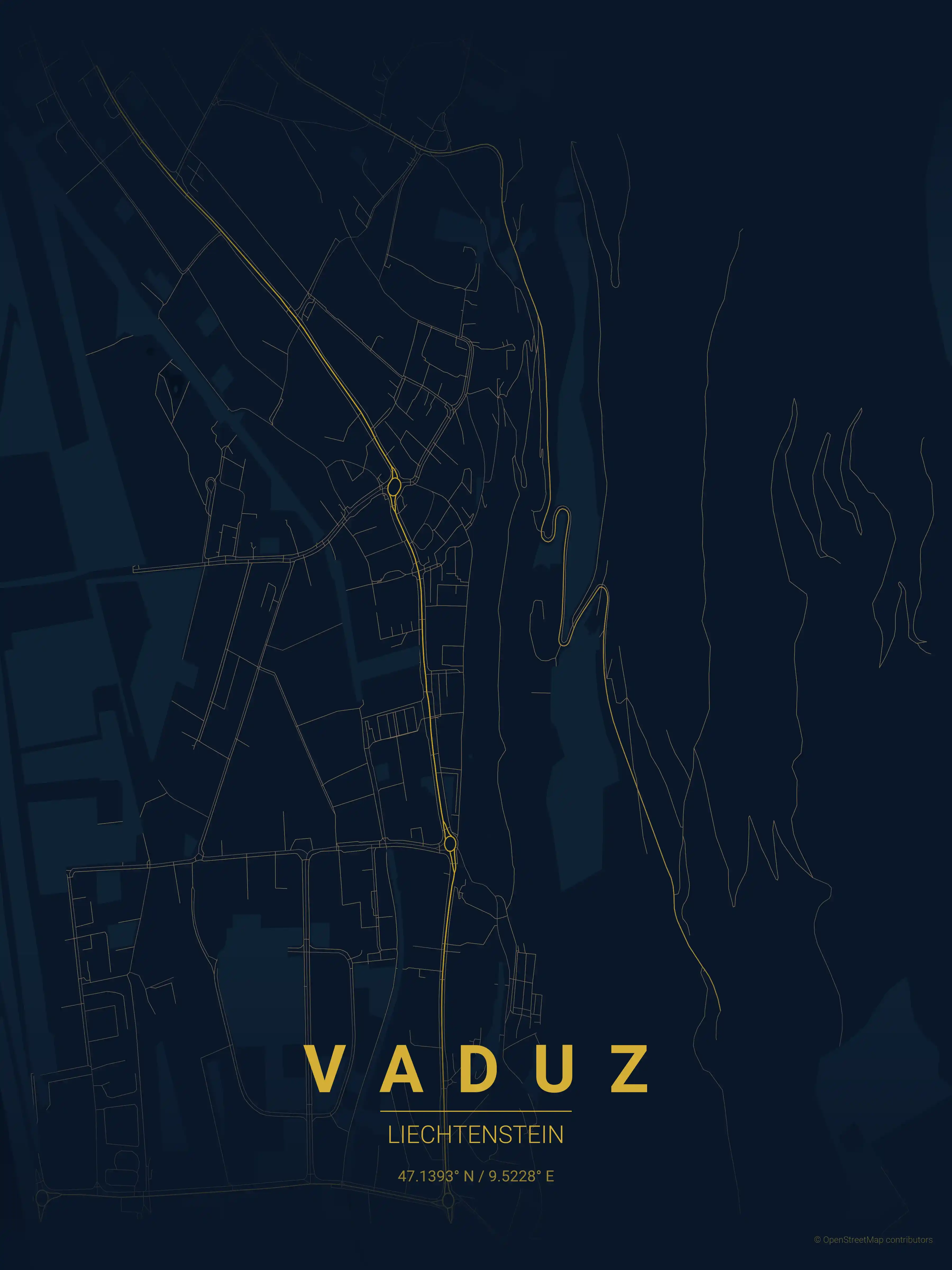 Minimalist midnight_blue street map of Vaduz, Liechtenstein - Urban grid art