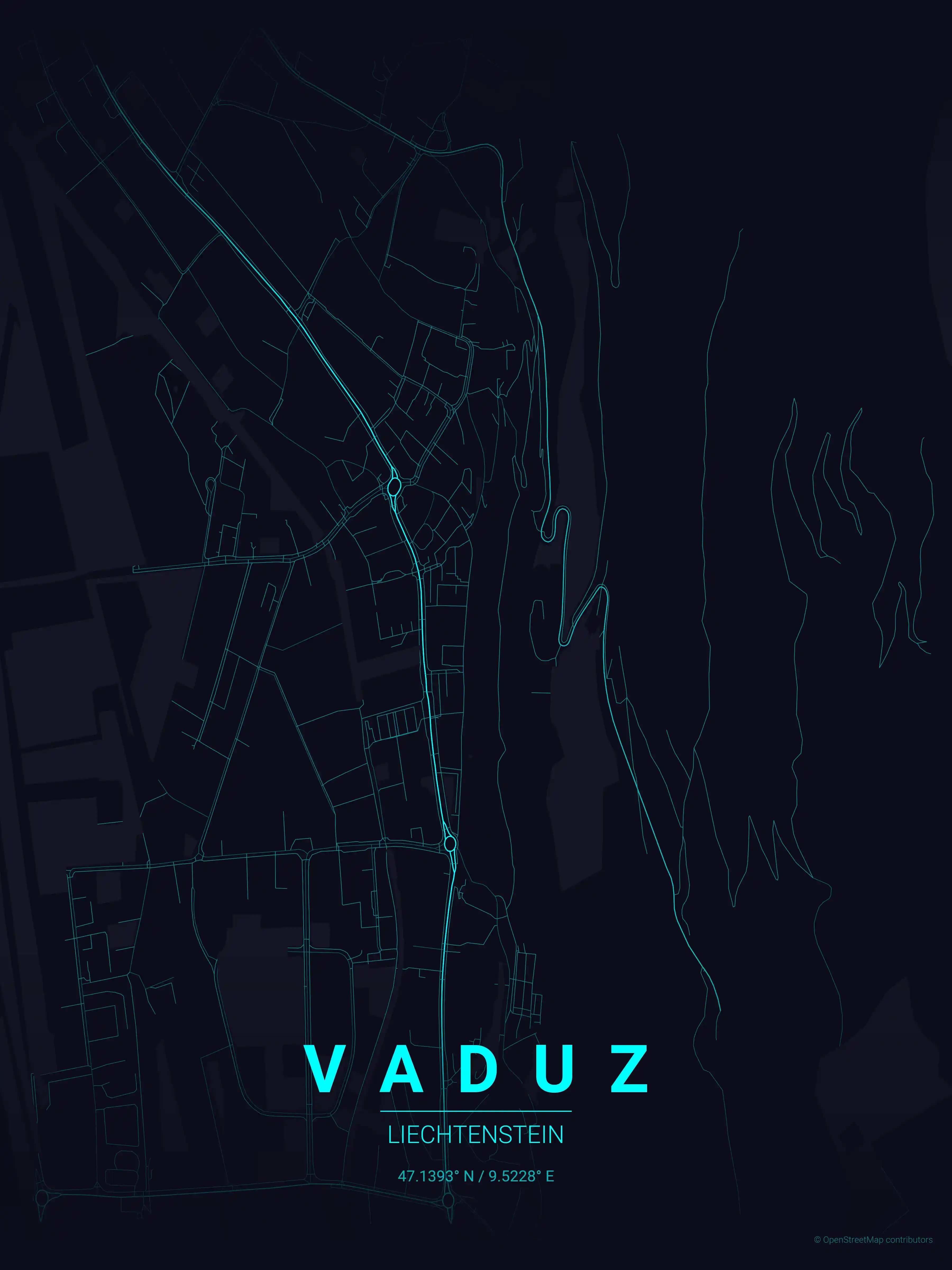 Minimalist neon_cyberpunk street map of Vaduz, Liechtenstein - Urban grid art