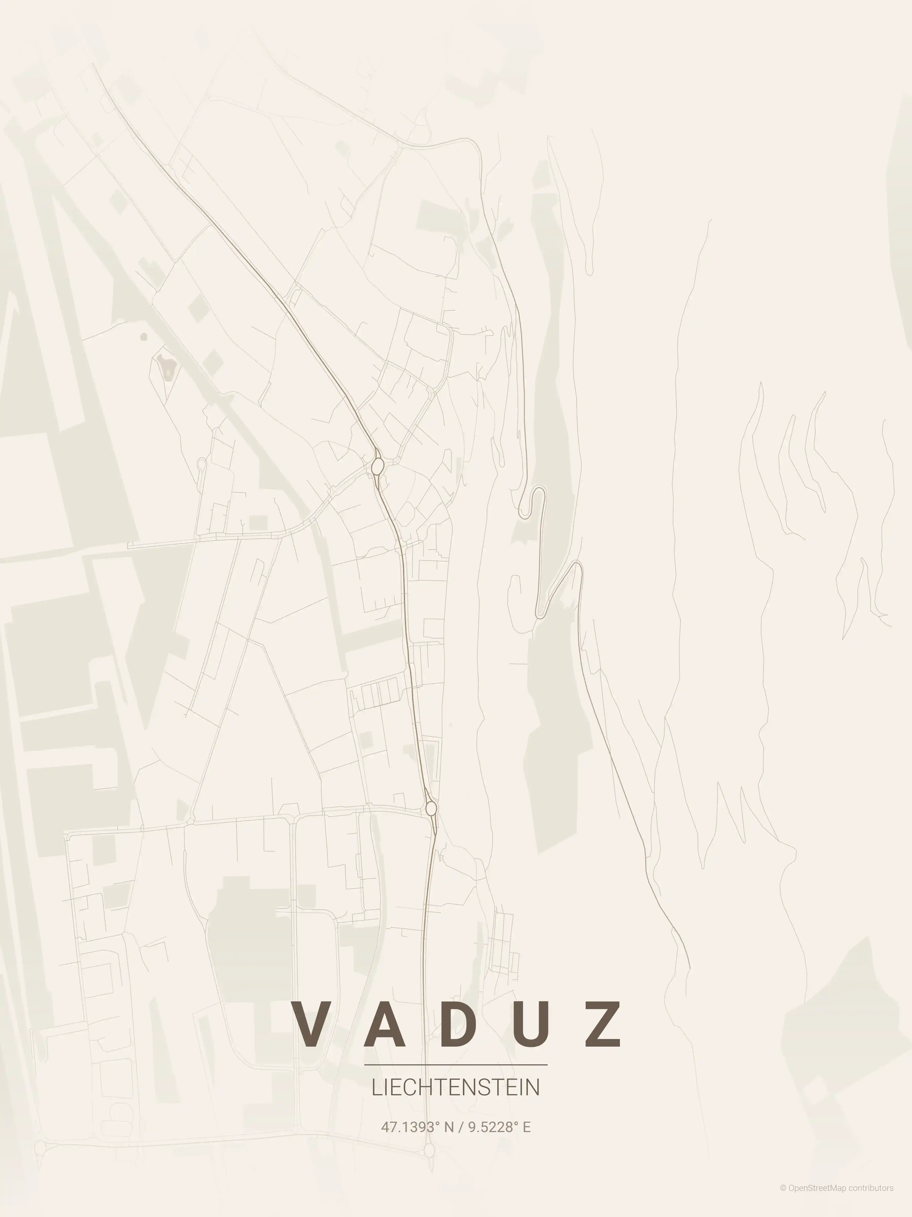 Minimalist warm_beige street map of Vaduz, Liechtenstein - Urban grid art