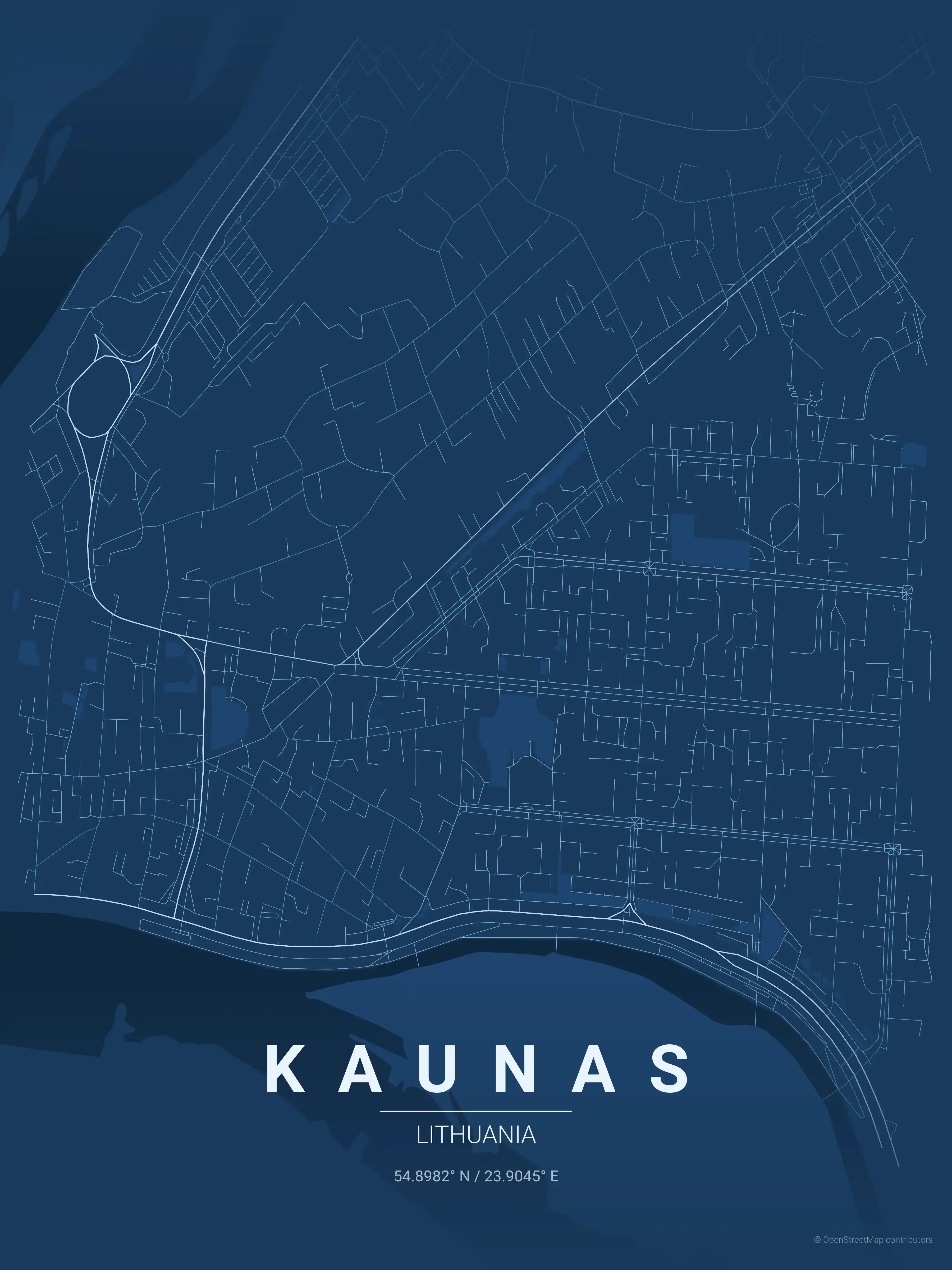 Minimalist blueprint street map of Kaunas, Lithuania - Urban grid art