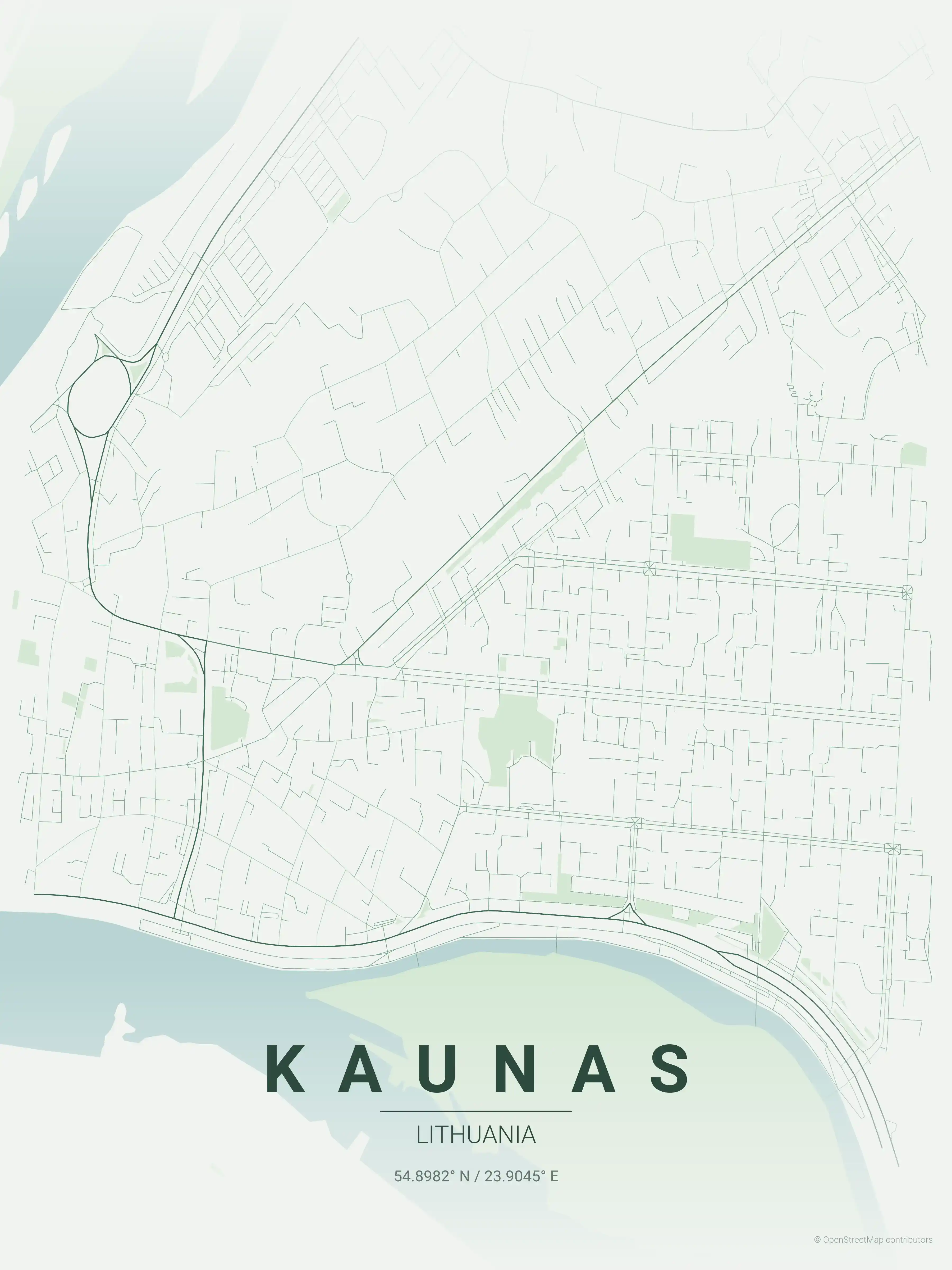 Minimalist forest street map of Kaunas, Lithuania - Urban grid art