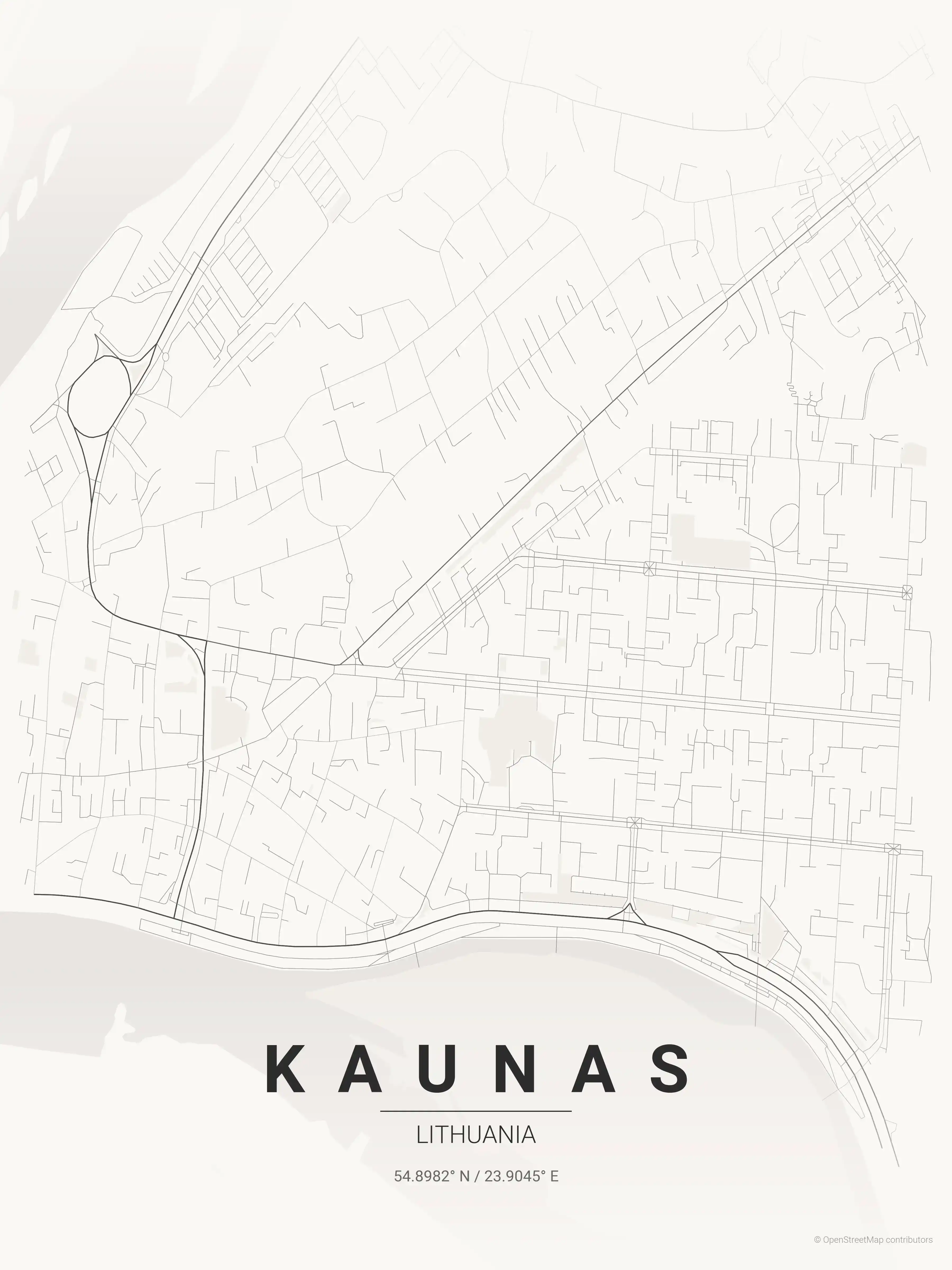 Minimalist japanese_ink street map of Kaunas, Lithuania - Urban grid art