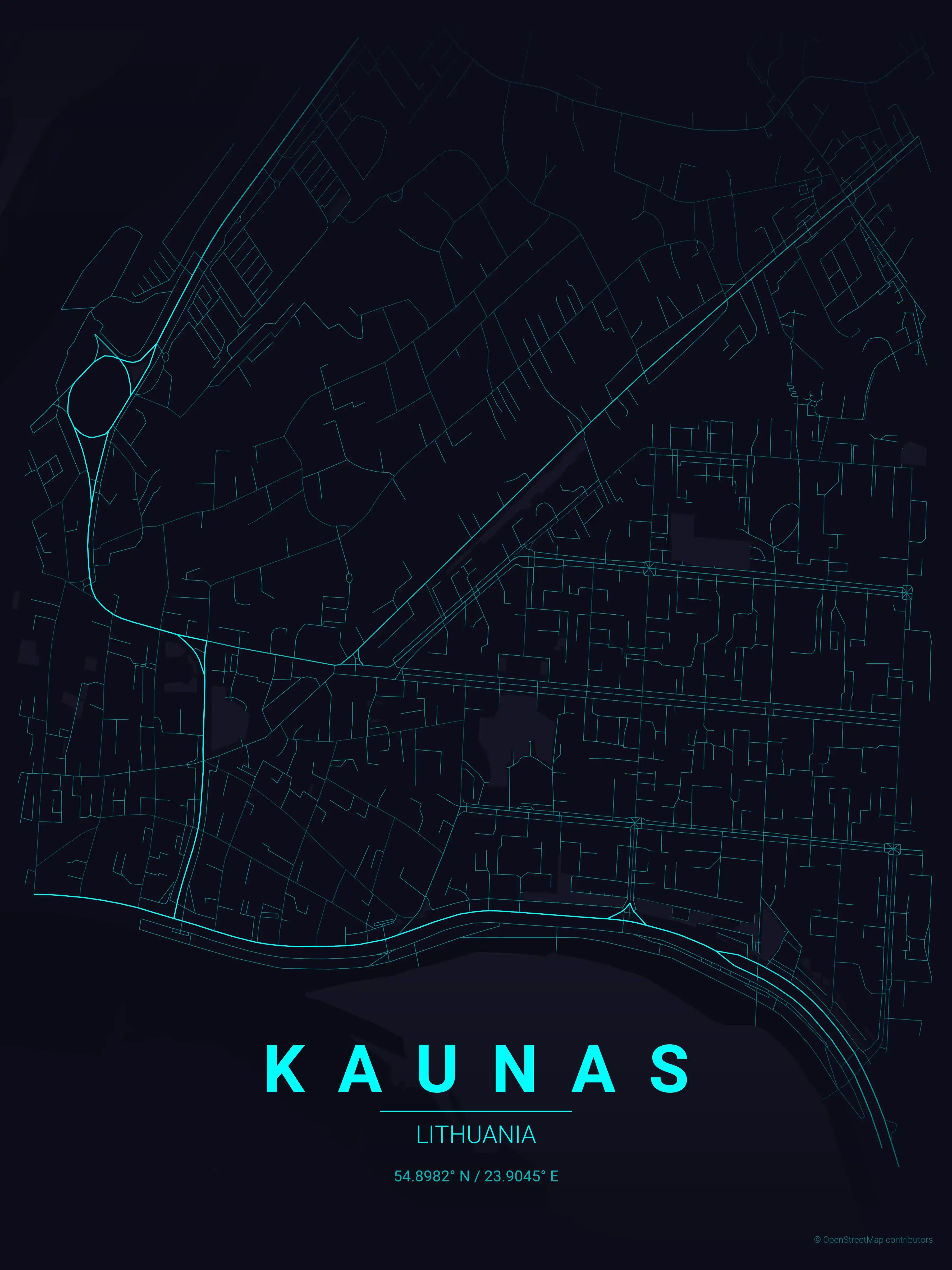 Minimalist neon_cyberpunk street map of Kaunas, Lithuania - Urban grid art