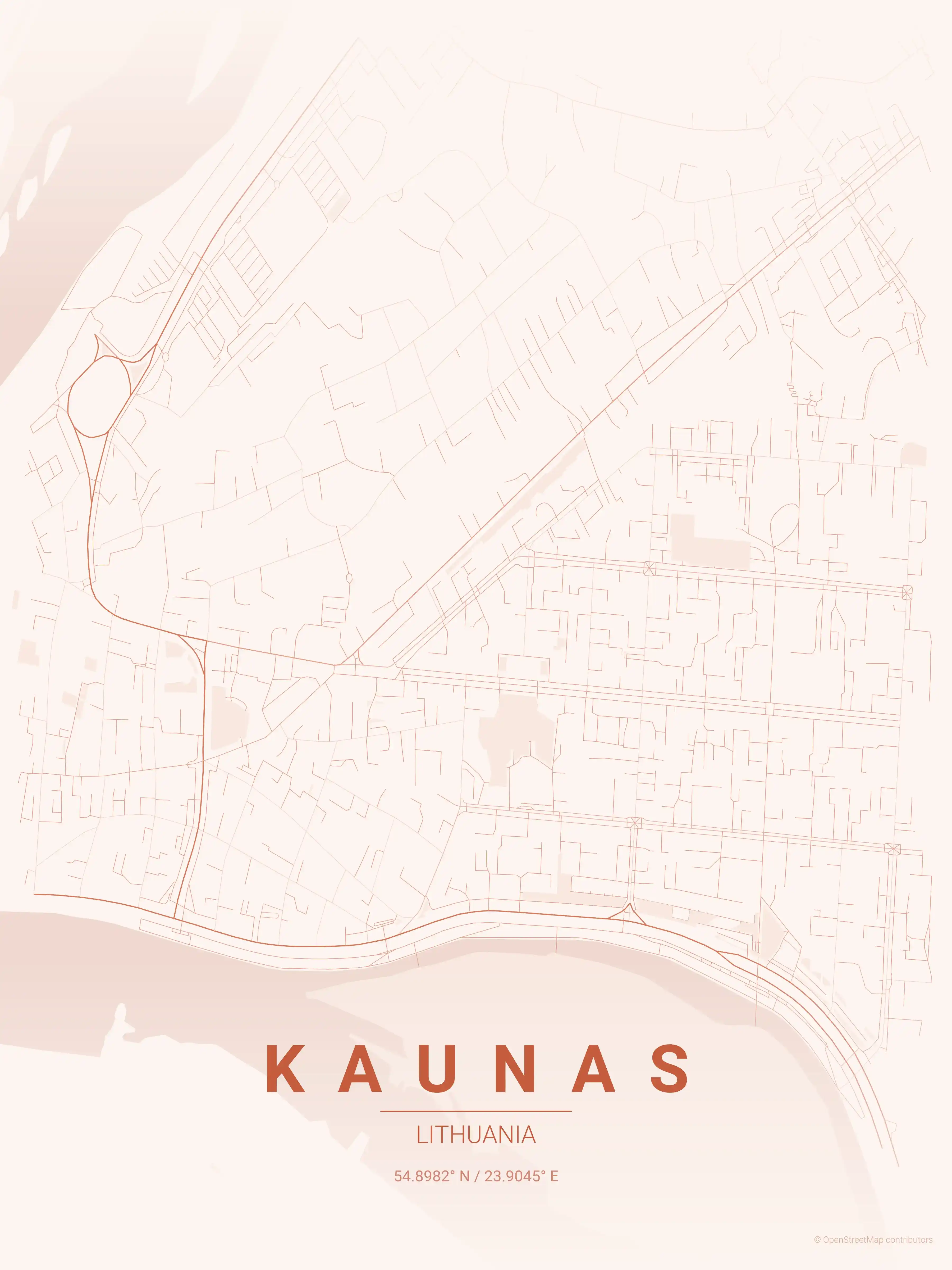 Minimalist sunset street map of Kaunas, Lithuania - Urban grid art