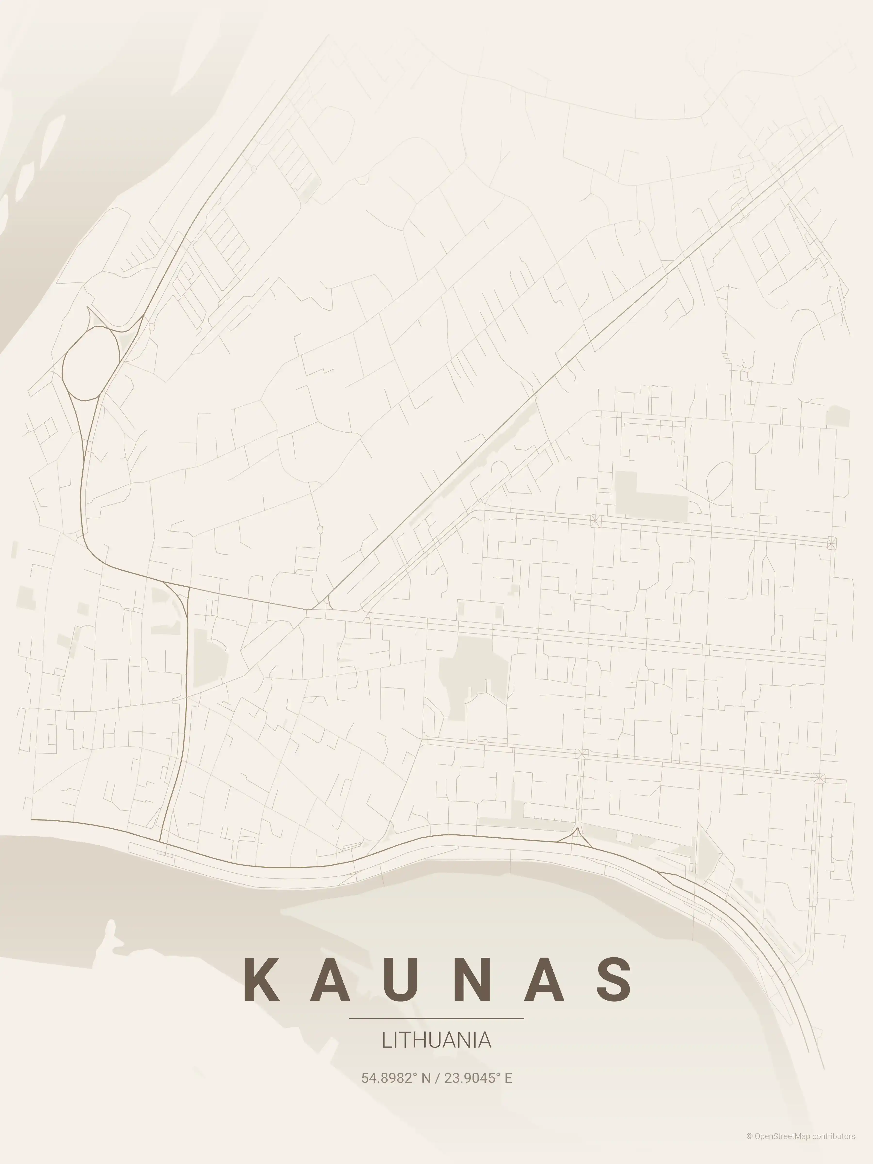 Minimalist warm_beige street map of Kaunas, Lithuania - Urban grid art