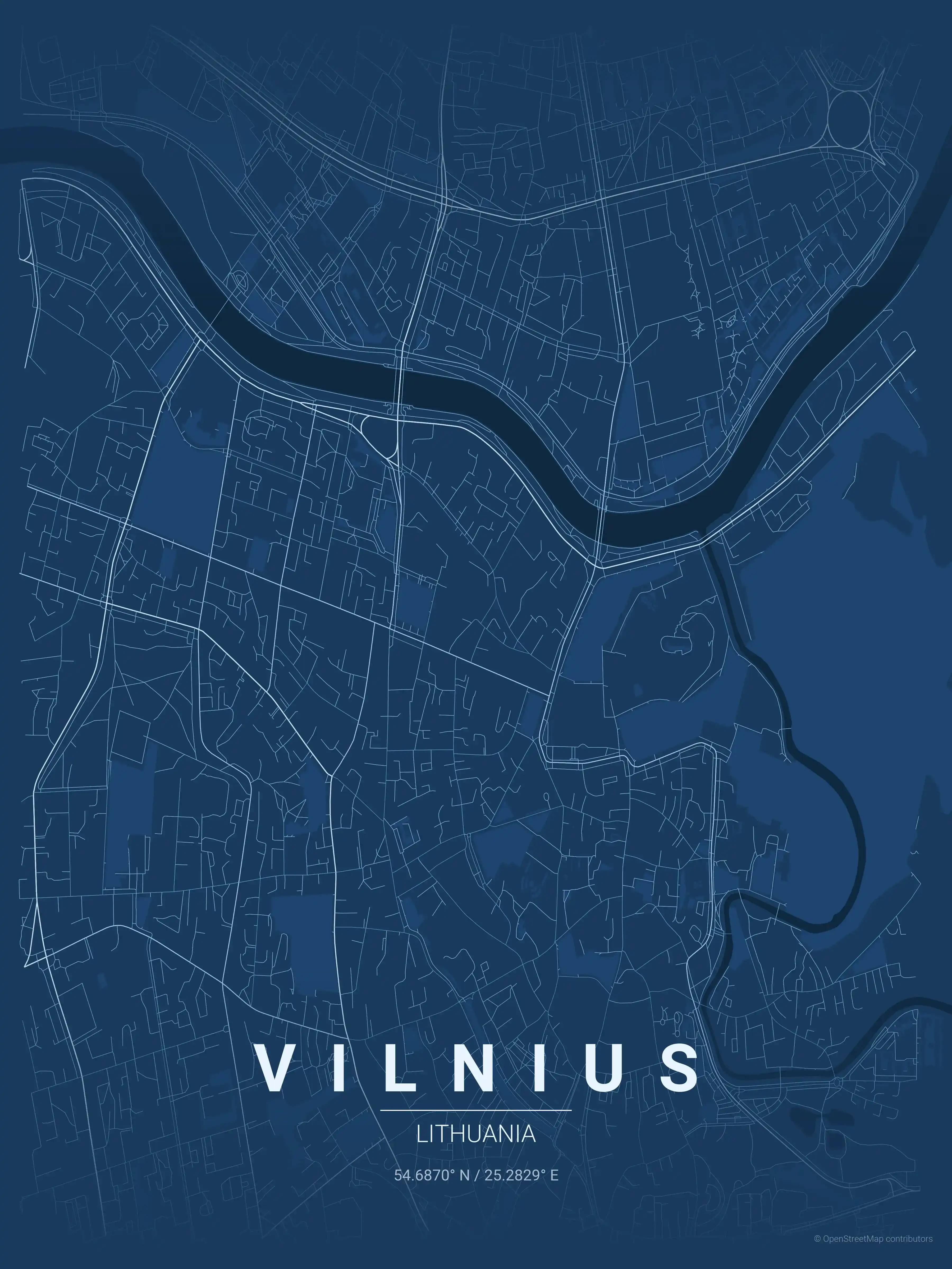 Minimalist blueprint street map of Vilnius, Lithuania - Urban grid art
