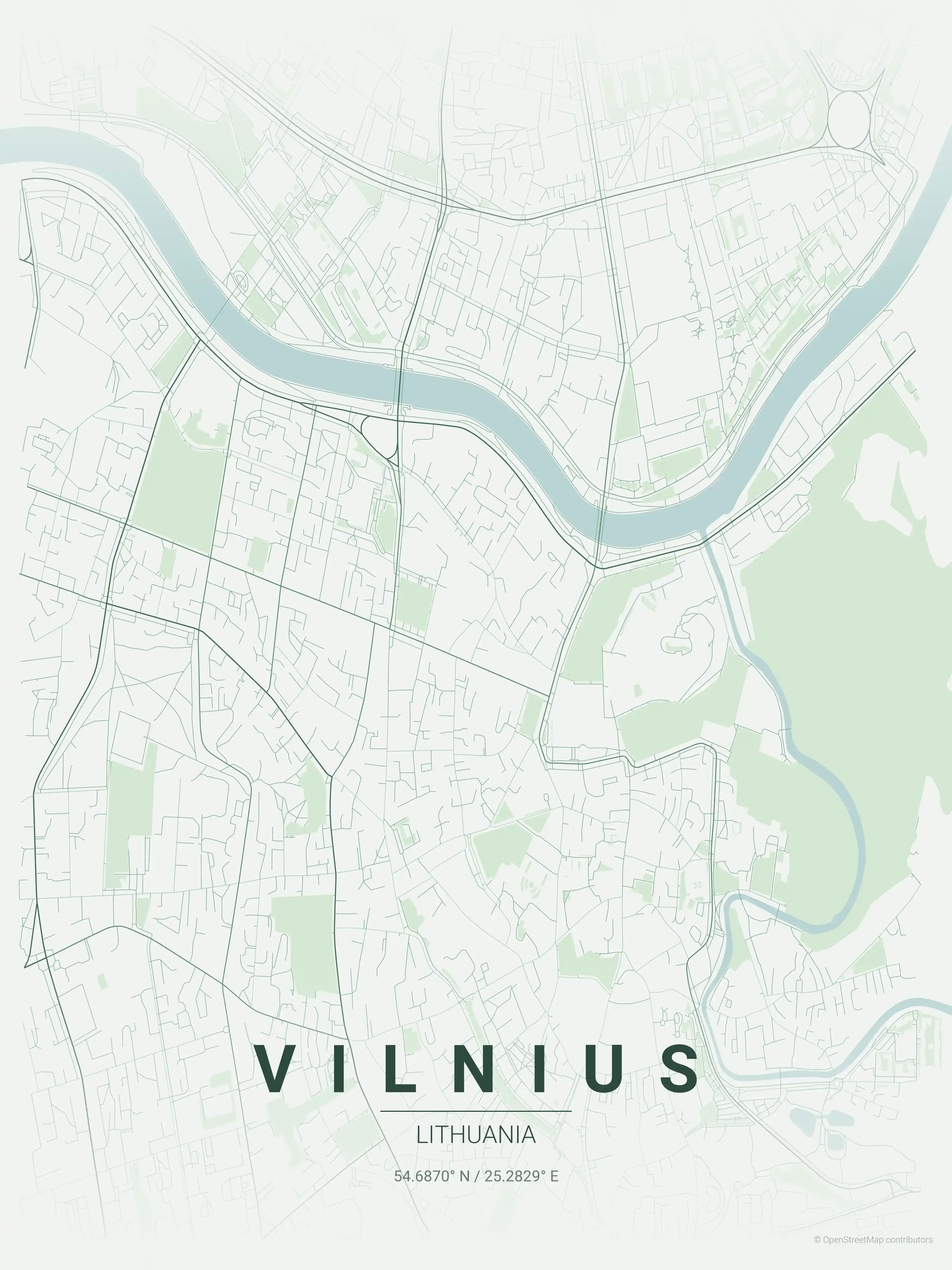 Minimalist forest street map of Vilnius, Lithuania - Urban grid art
