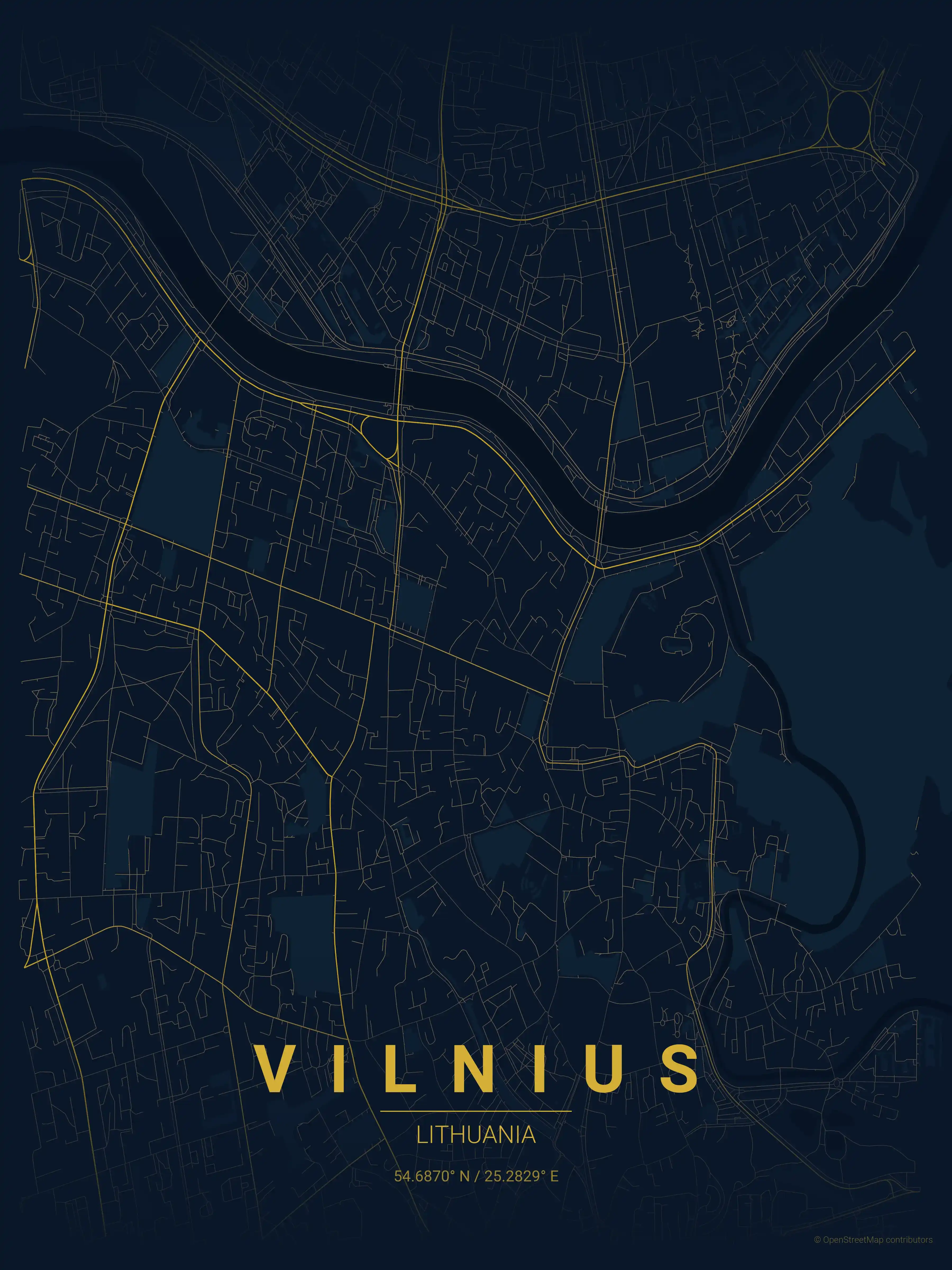 Minimalist midnight_blue street map of Vilnius, Lithuania - Urban grid art