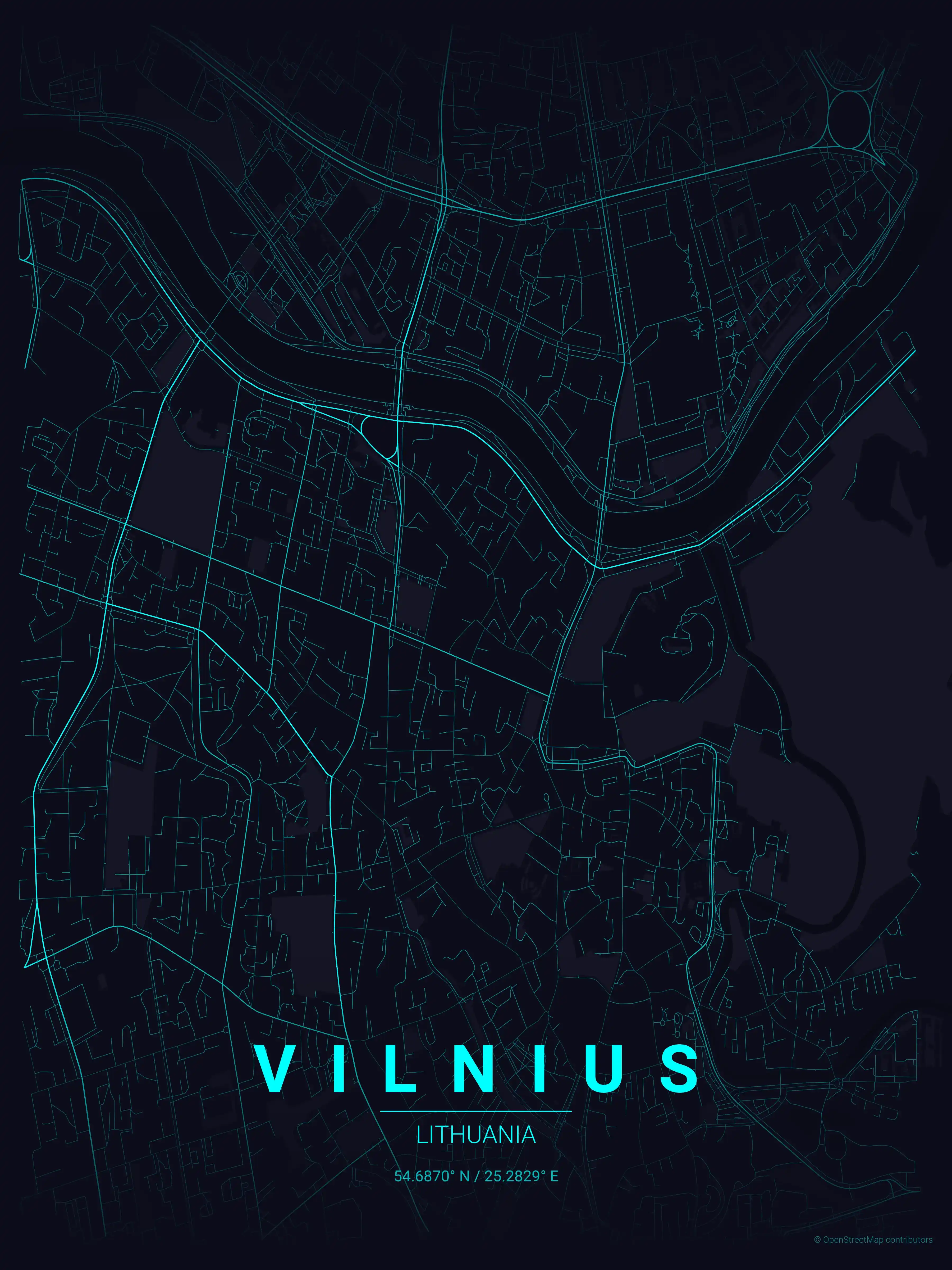 Minimalist neon_cyberpunk street map of Vilnius, Lithuania - Urban grid art