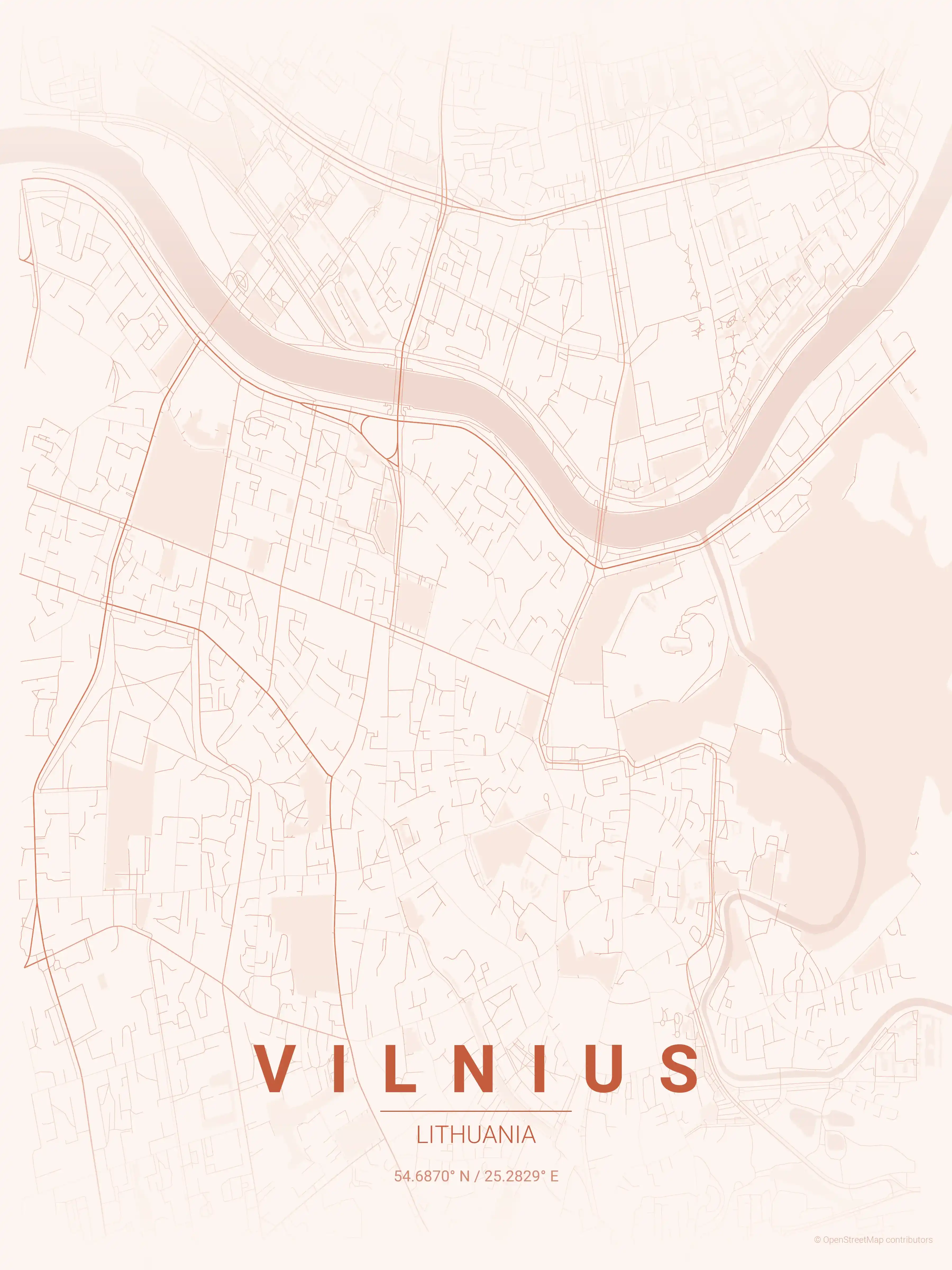 Minimalist sunset street map of Vilnius, Lithuania - Urban grid art