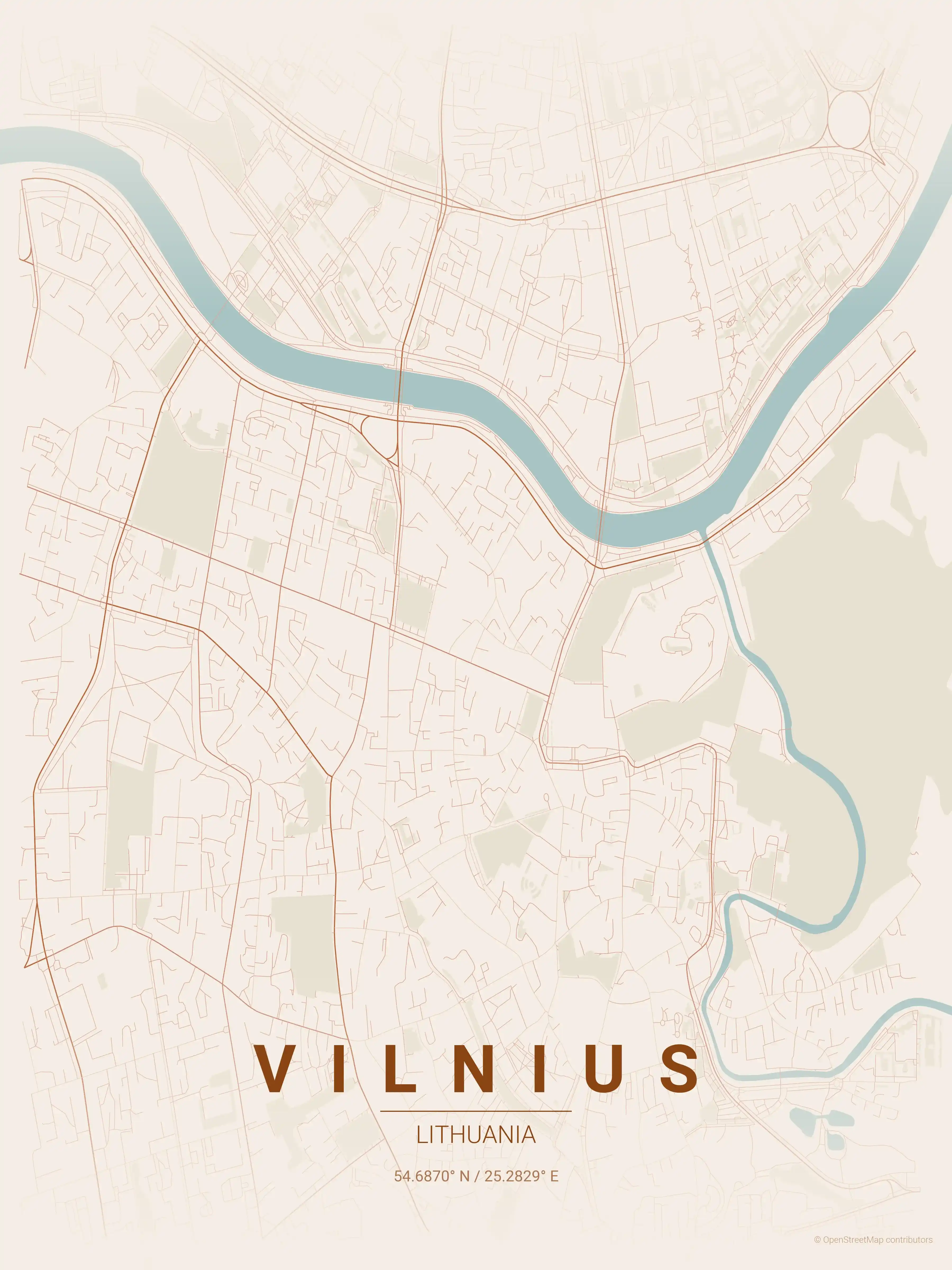 Minimalist terracotta street map of Vilnius, Lithuania - Urban grid art