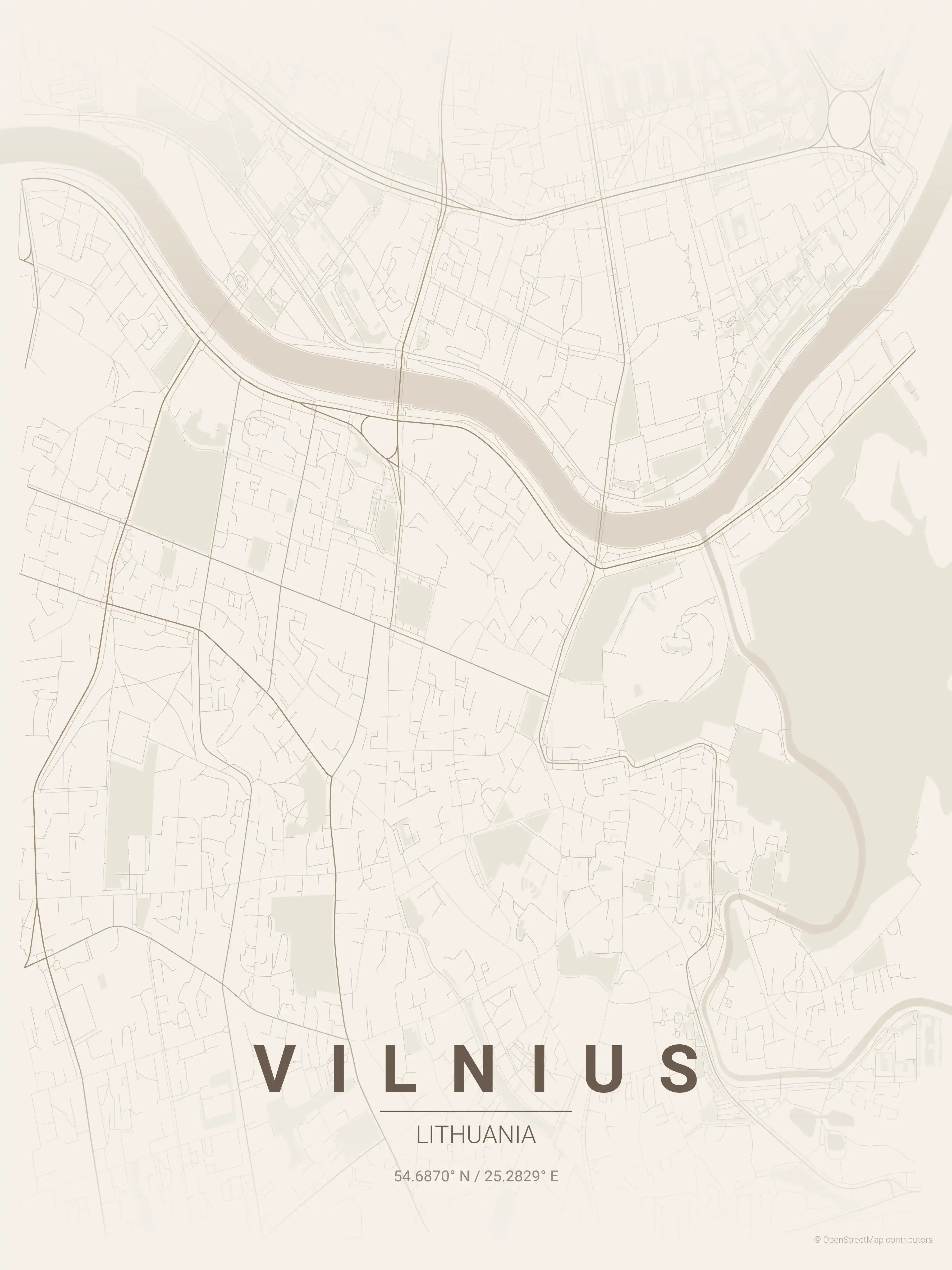 Minimalist warm_beige street map of Vilnius, Lithuania - Urban grid art