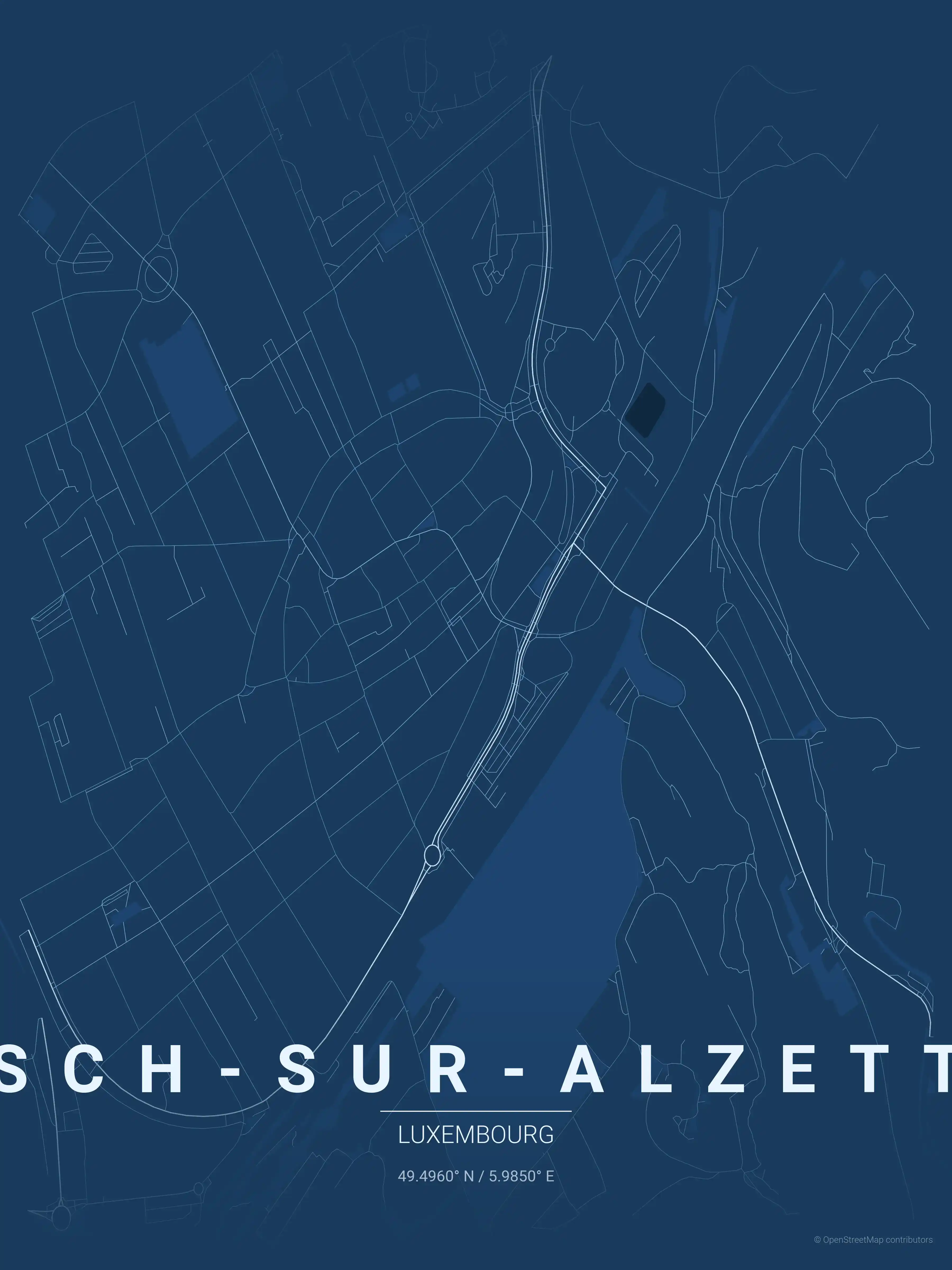 Minimalist blueprint street map of Esch-sur-Alzette, Luxembourg - Urban grid art