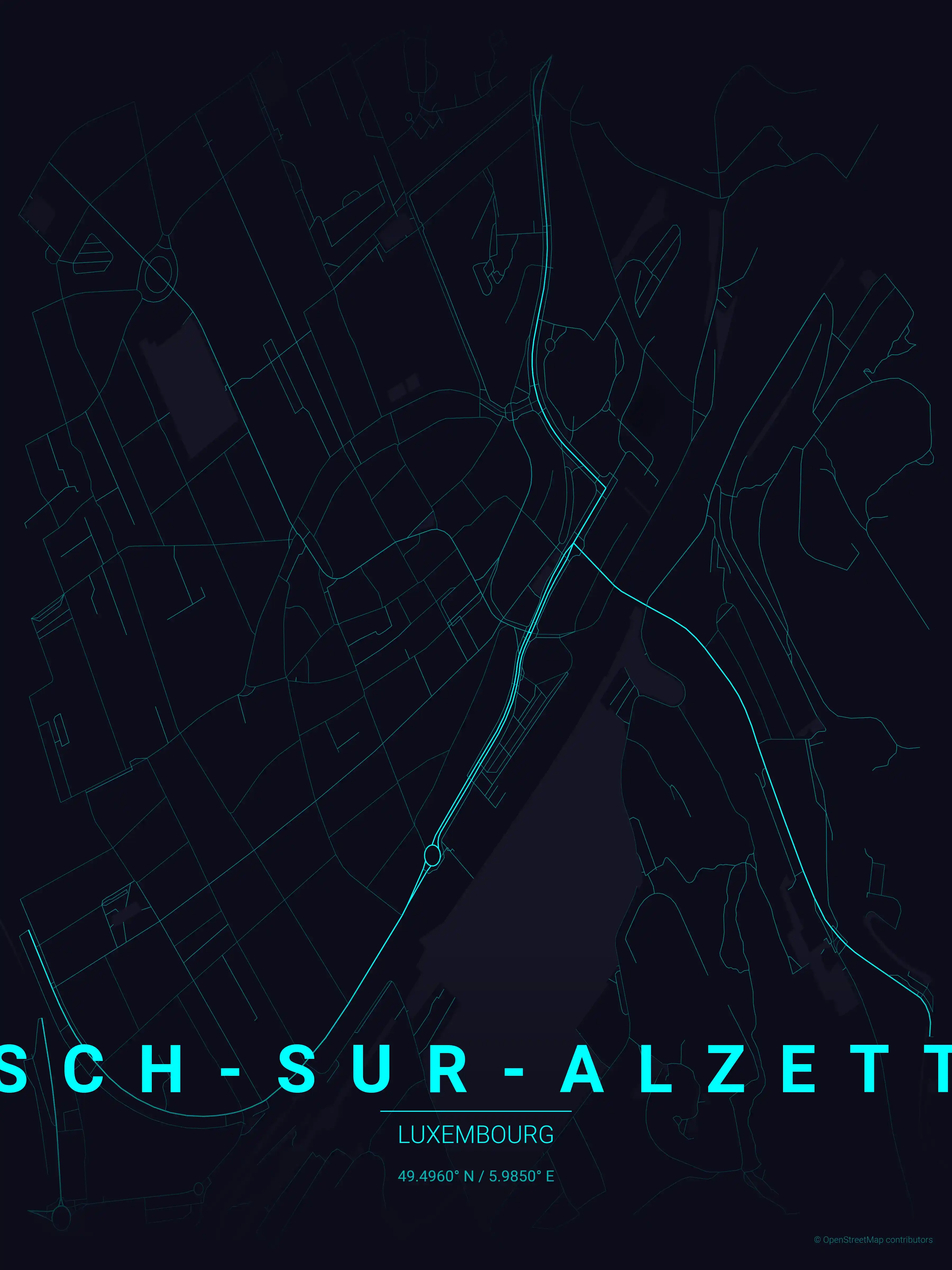Minimalist neon_cyberpunk street map of Esch-sur-Alzette, Luxembourg - Urban grid art