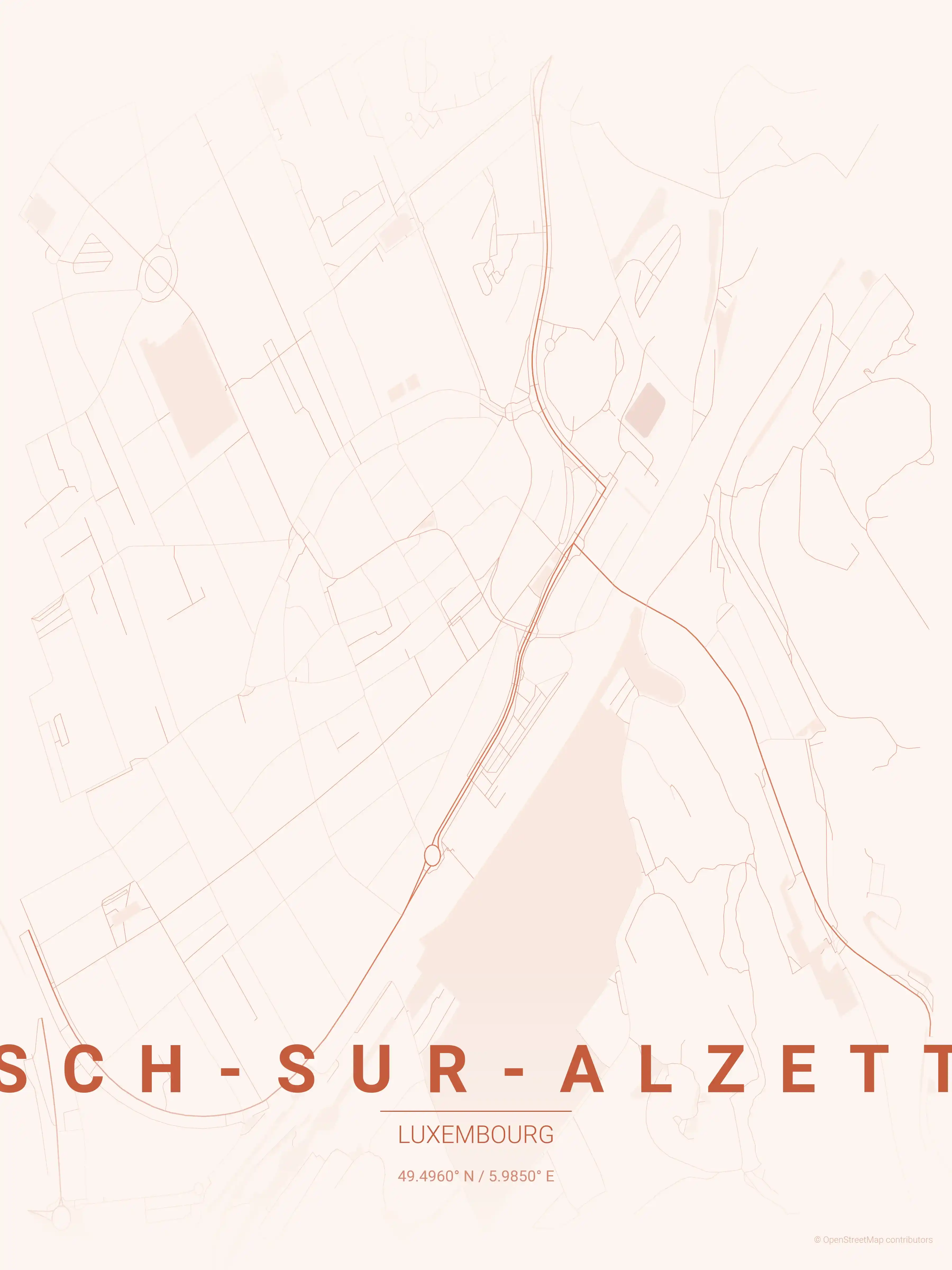 Minimalist sunset street map of Esch-sur-Alzette, Luxembourg - Urban grid art