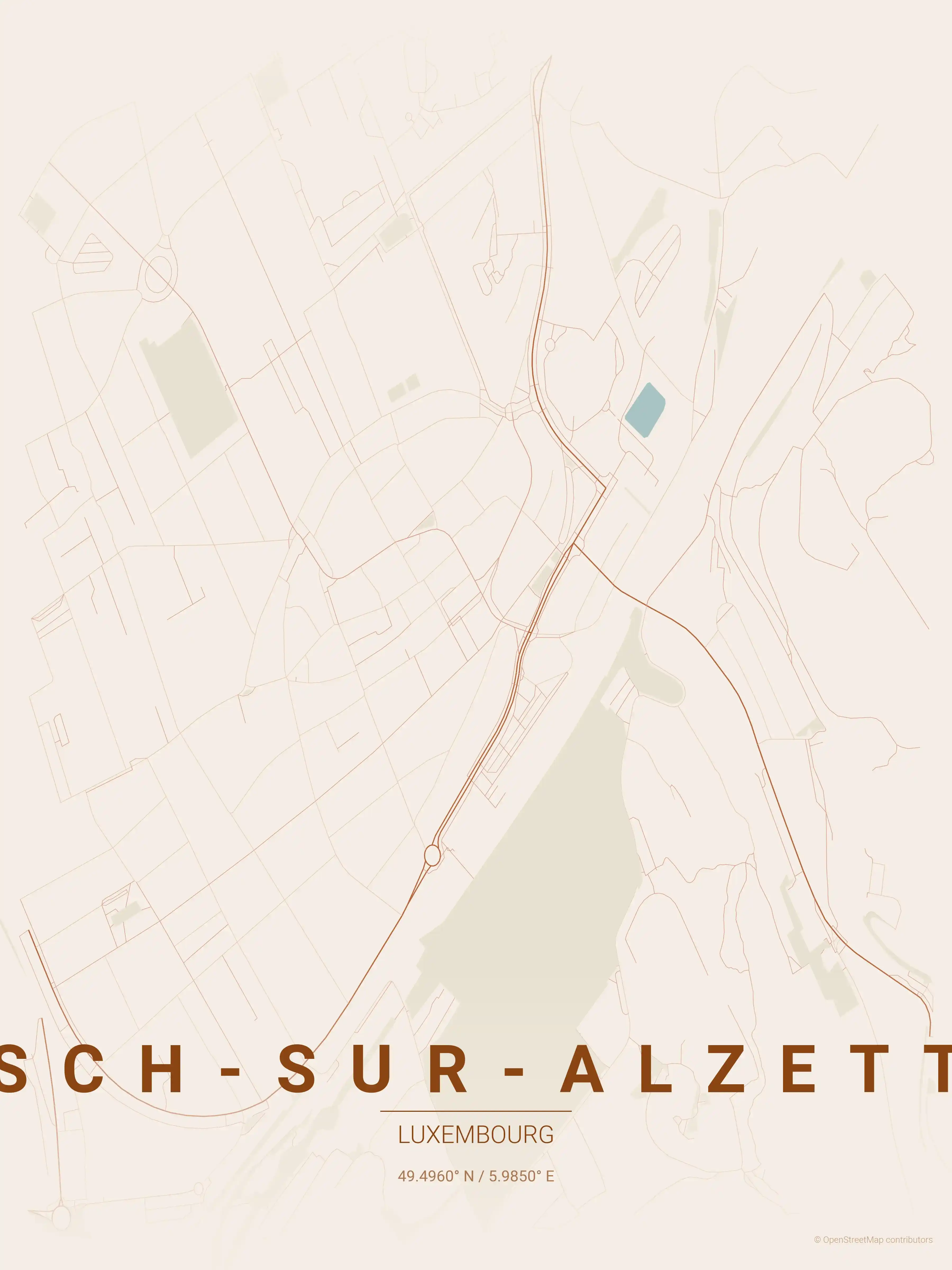 Minimalist terracotta street map of Esch-sur-Alzette, Luxembourg - Urban grid art