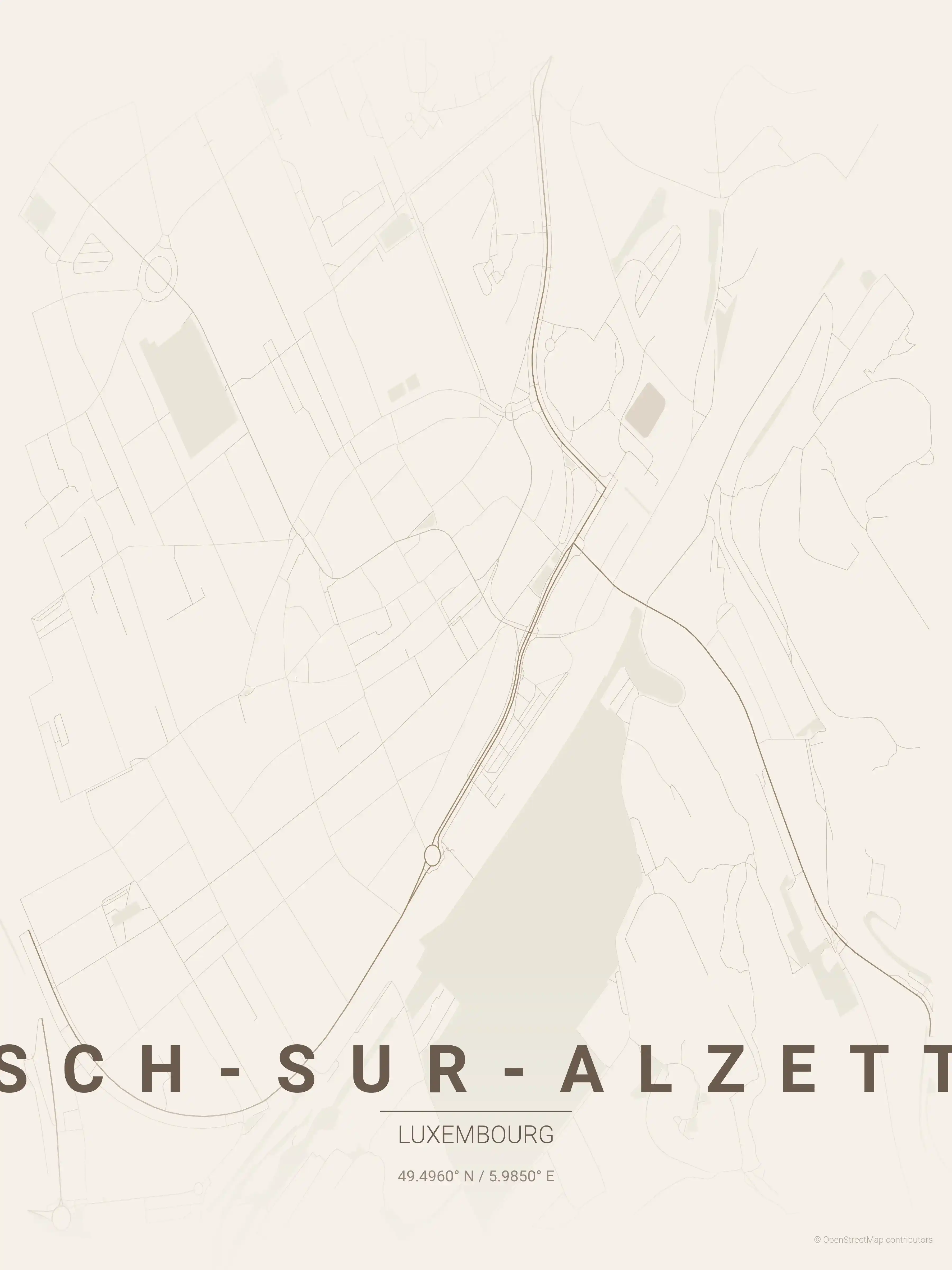 Minimalist warm_beige street map of Esch-sur-Alzette, Luxembourg - Urban grid art