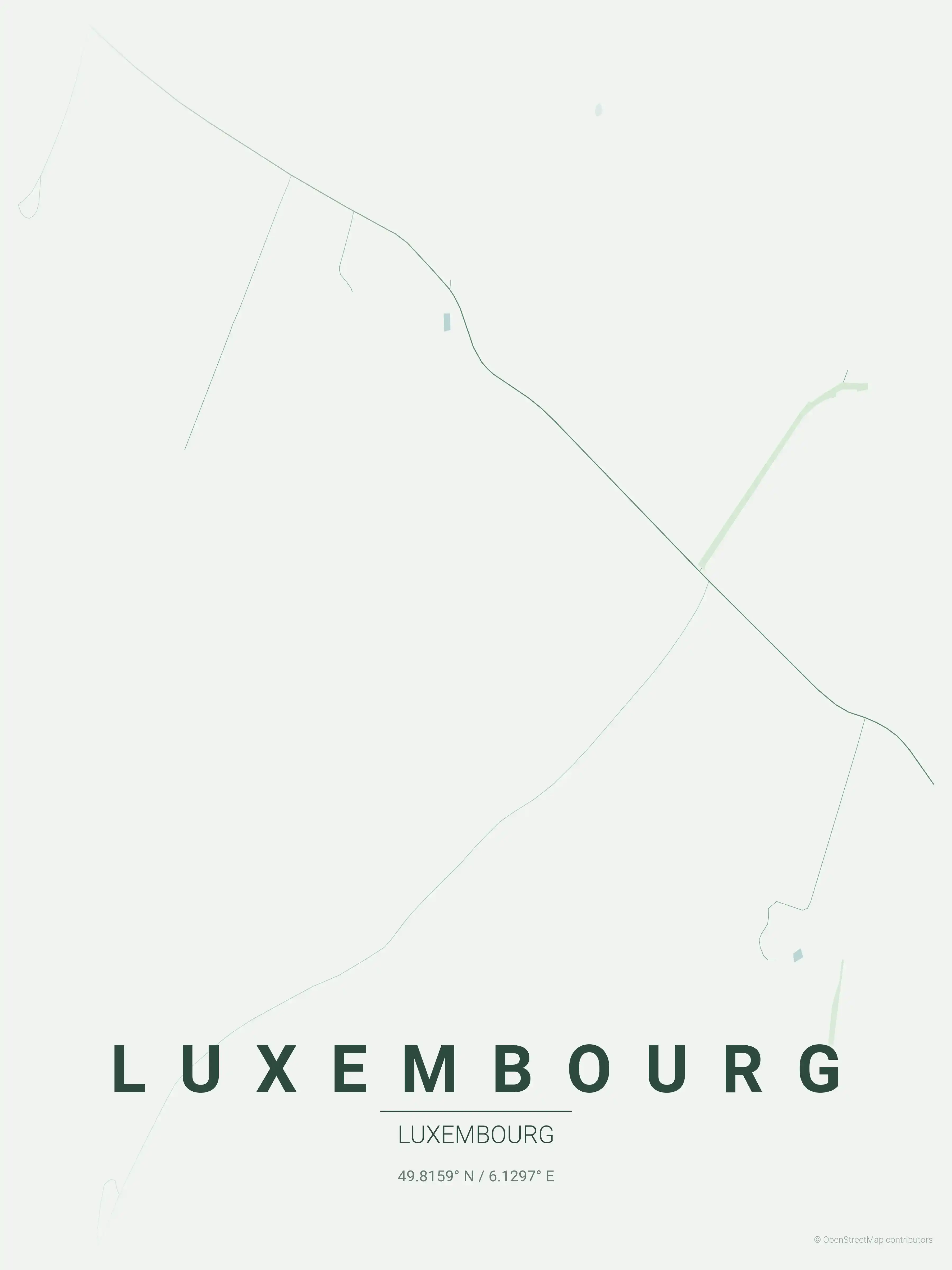 Minimalist forest street map of Luxembourg, Luxembourg - Urban grid art