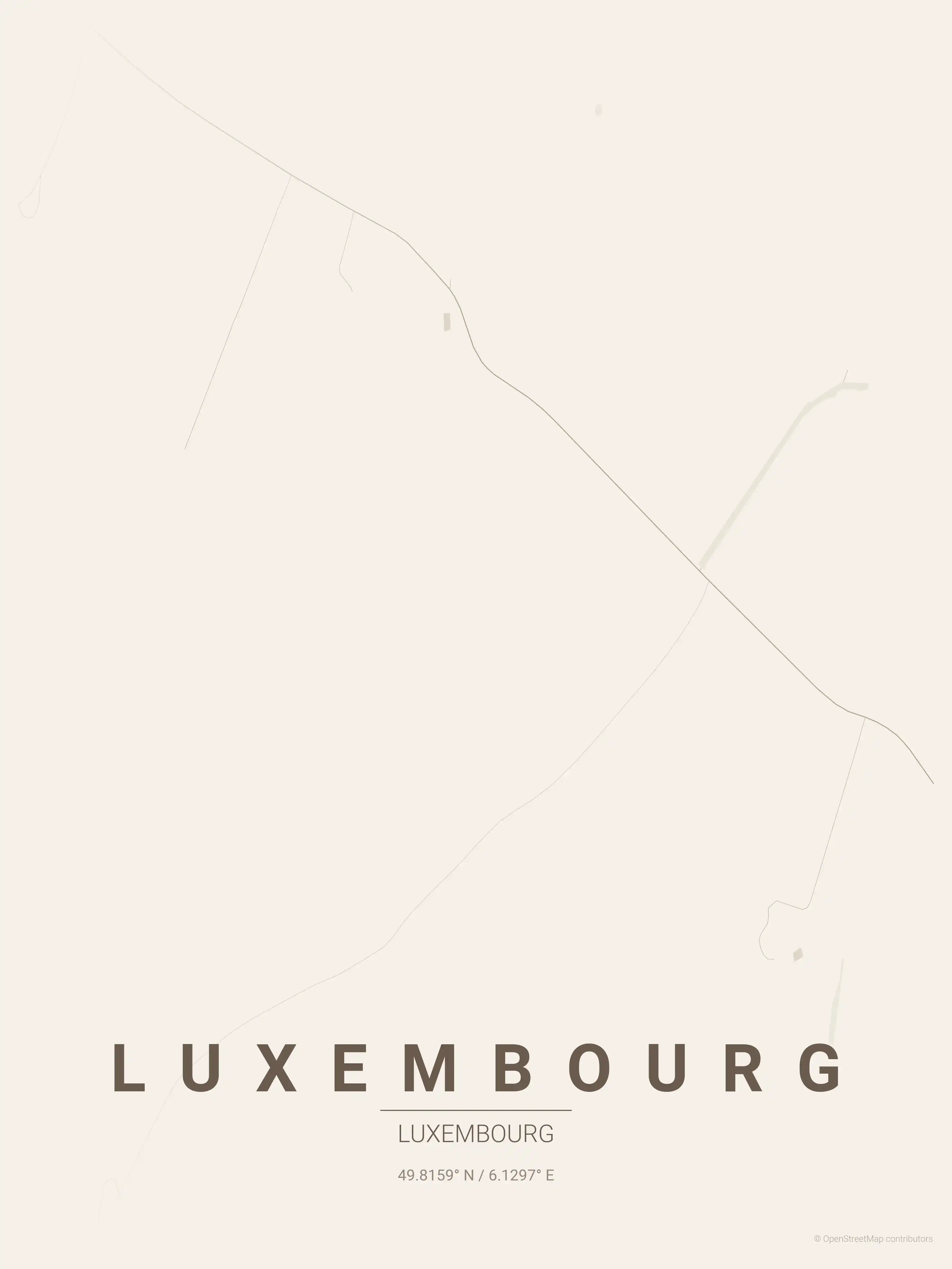 Minimalist warm_beige street map of Luxembourg, Luxembourg - Urban grid art
