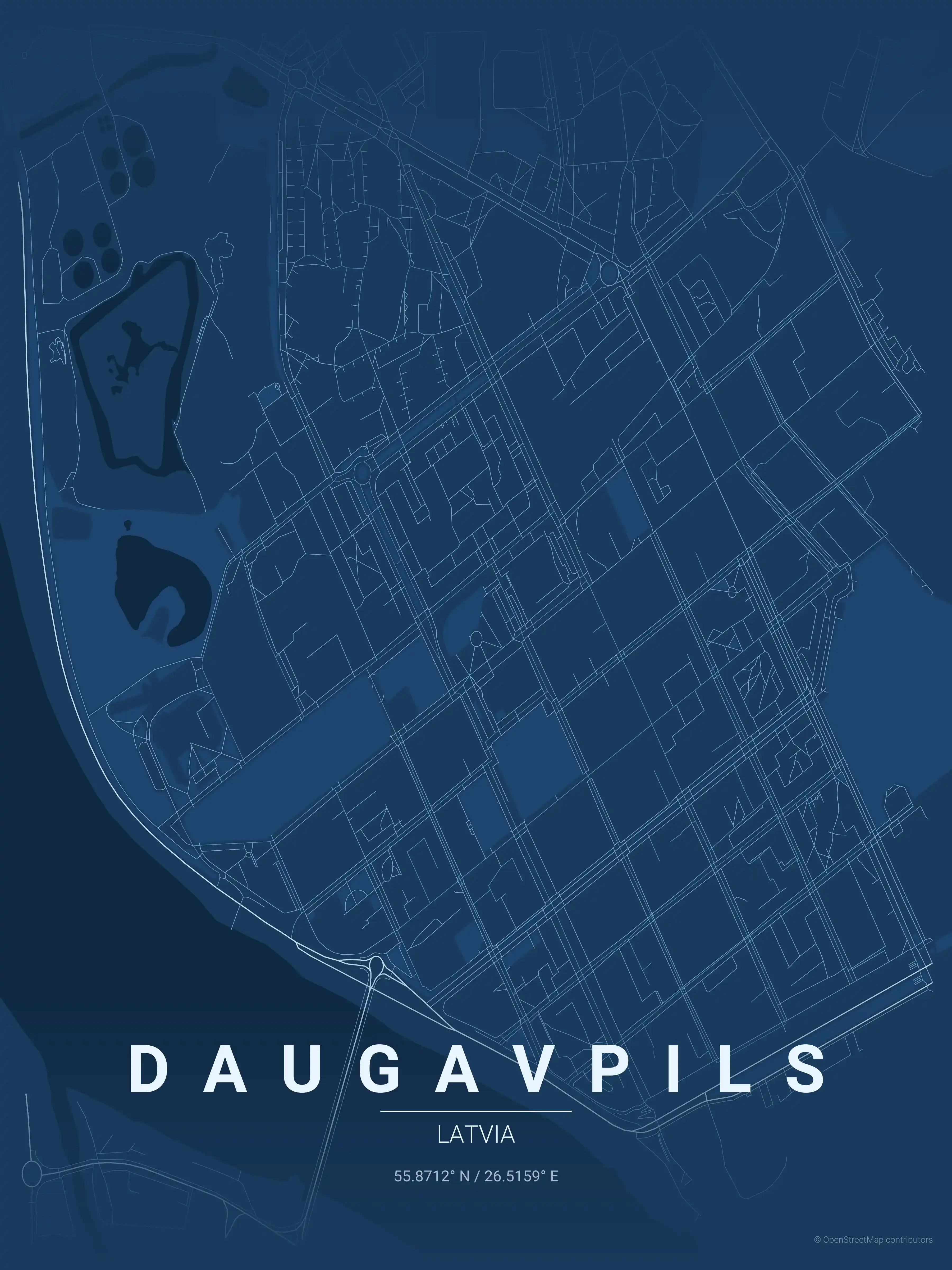 Minimalist blueprint street map of Daugavpils, Latvia - Urban grid art