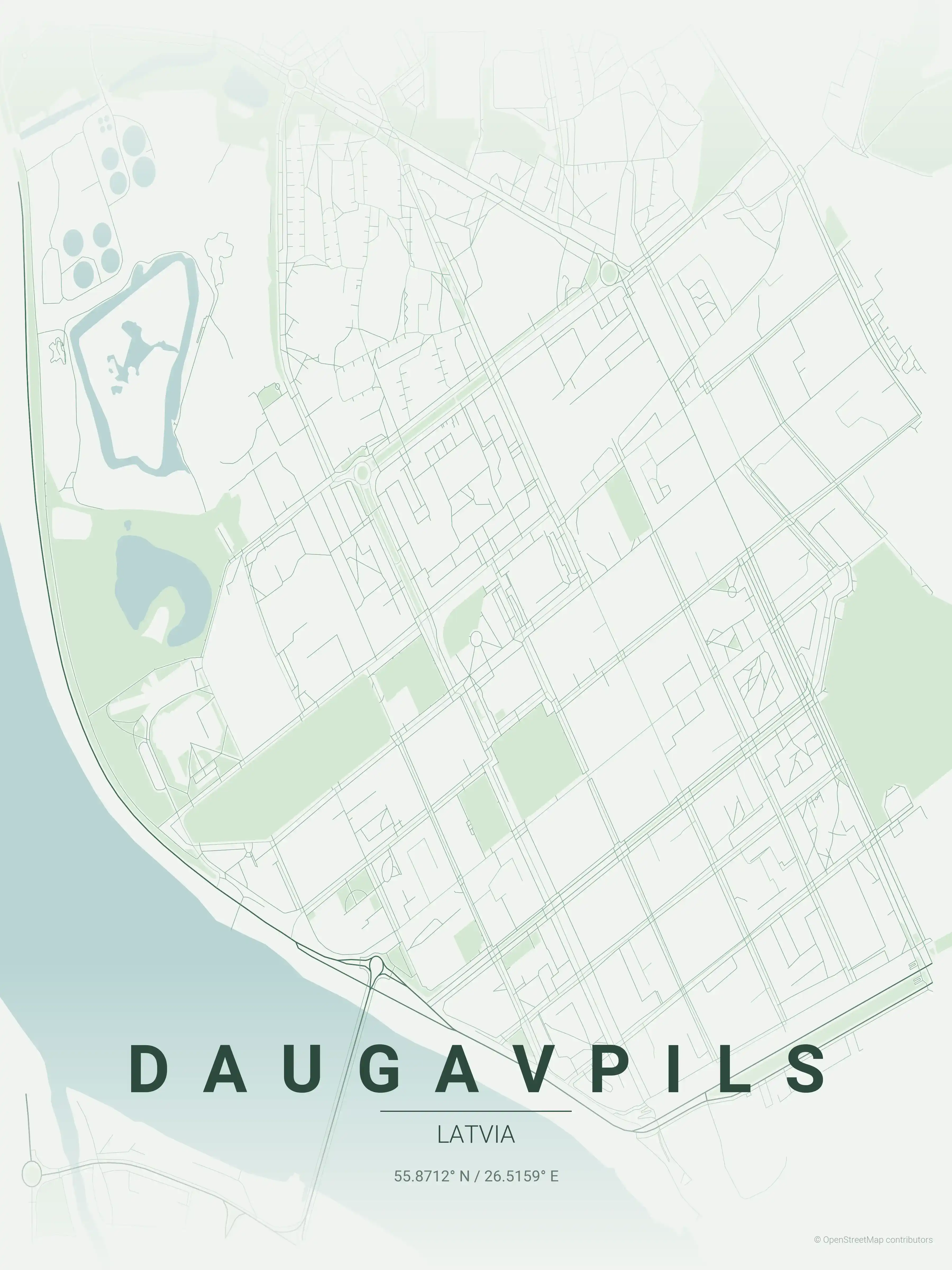 Minimalist forest street map of Daugavpils, Latvia - Urban grid art