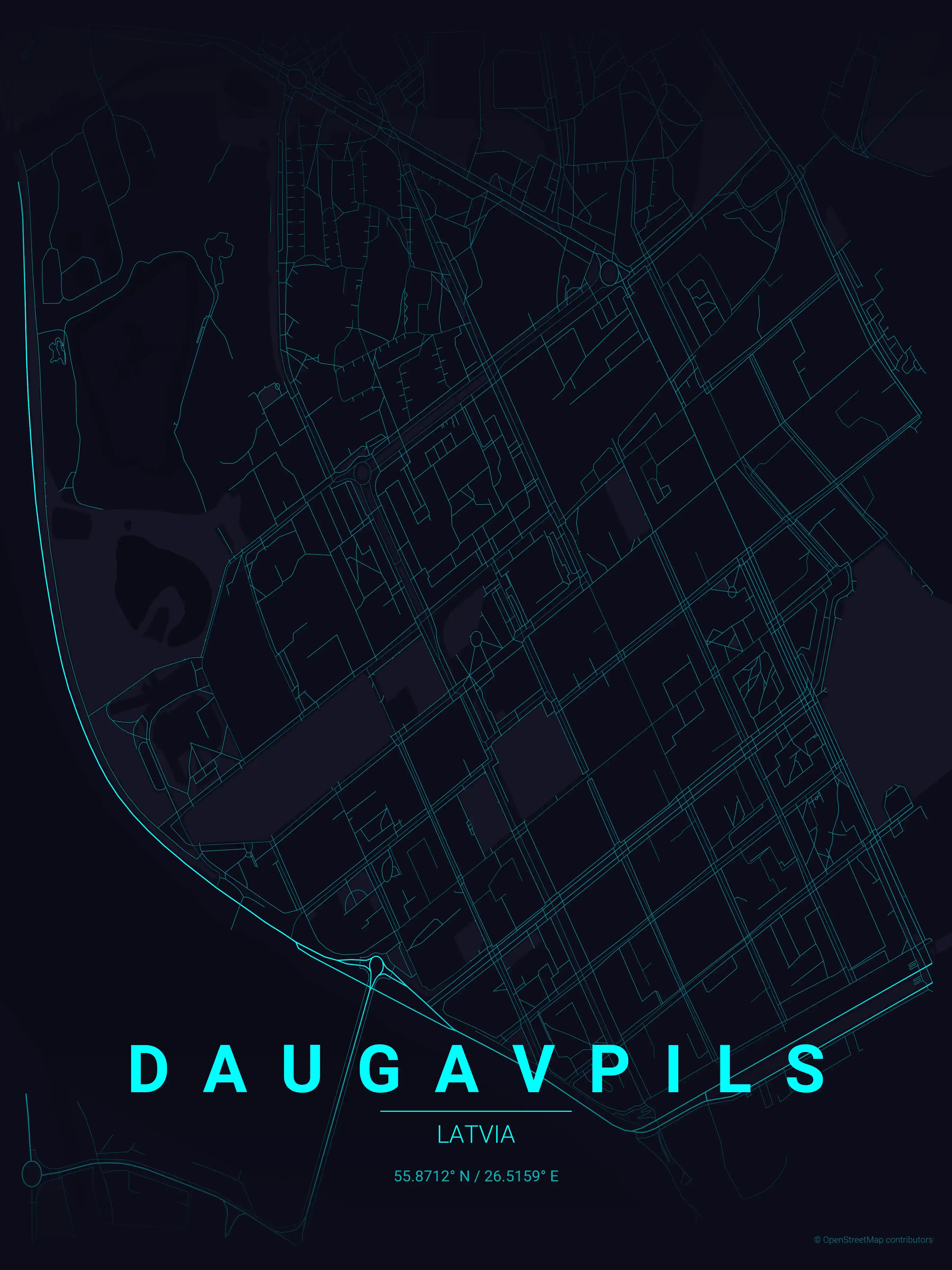 Minimalist neon_cyberpunk street map of Daugavpils, Latvia - Urban grid art