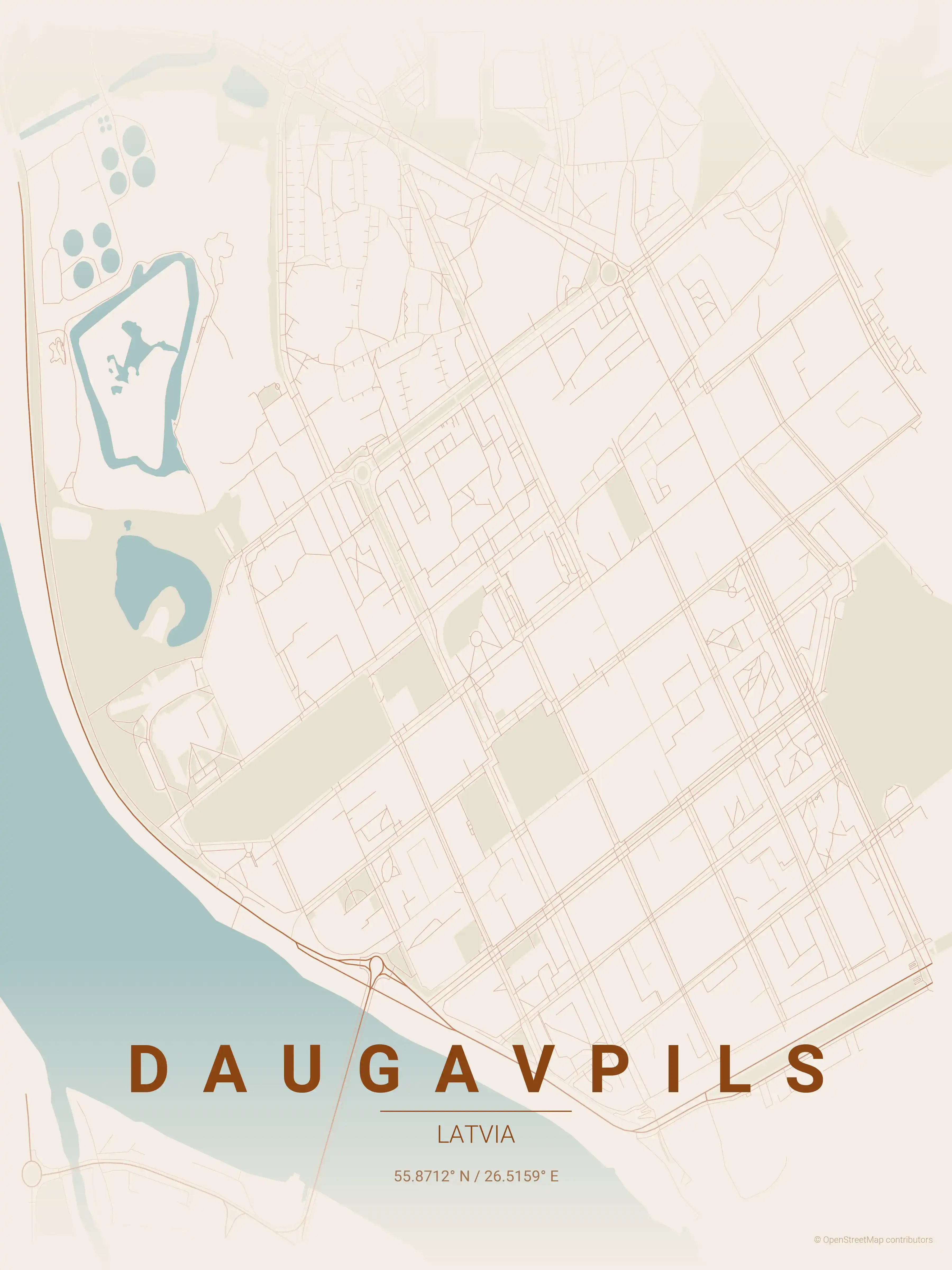Minimalist terracotta street map of Daugavpils, Latvia - Urban grid art
