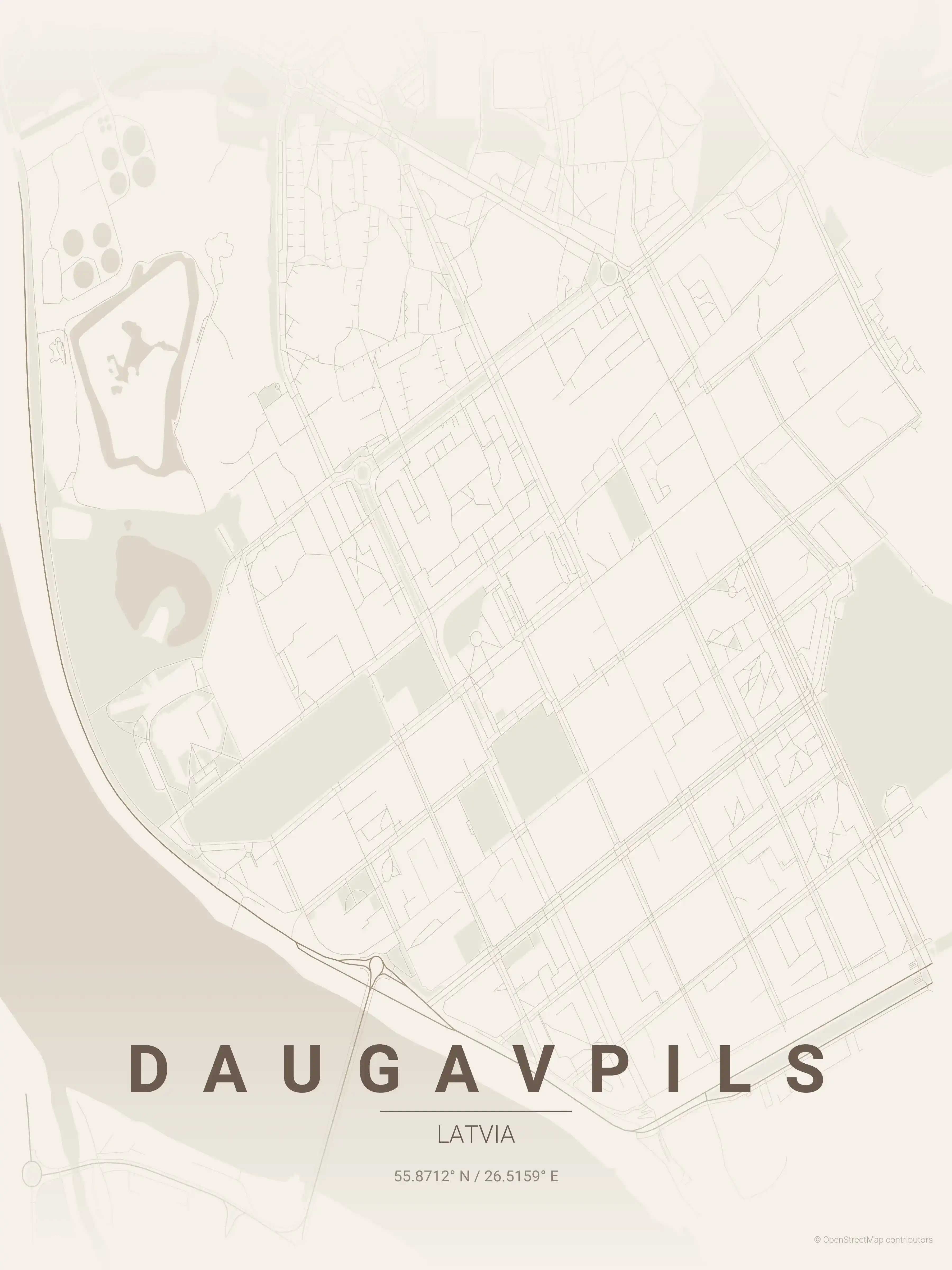 Minimalist warm_beige street map of Daugavpils, Latvia - Urban grid art