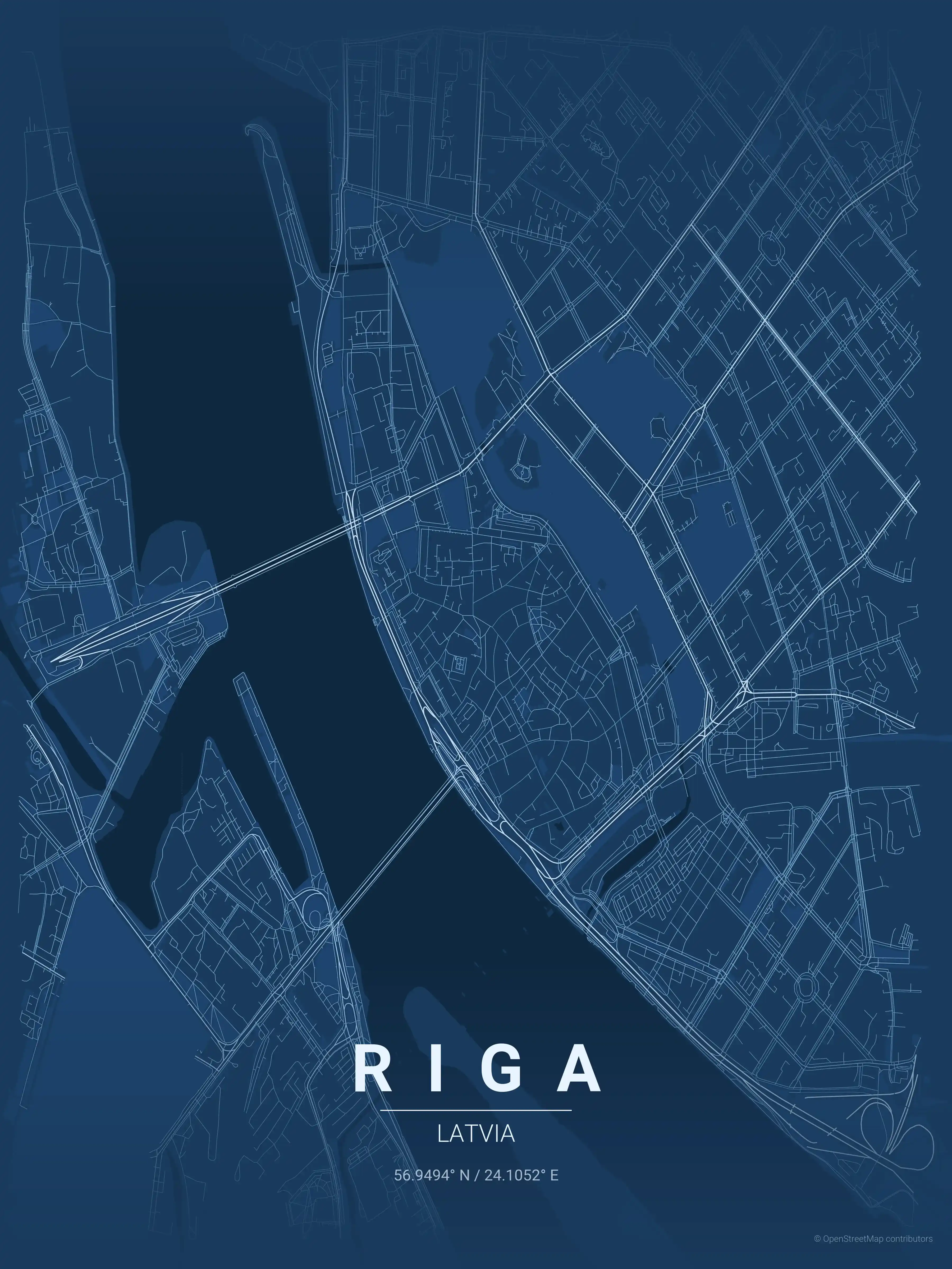 Minimalist blueprint street map of Riga, Latvia - Urban grid art