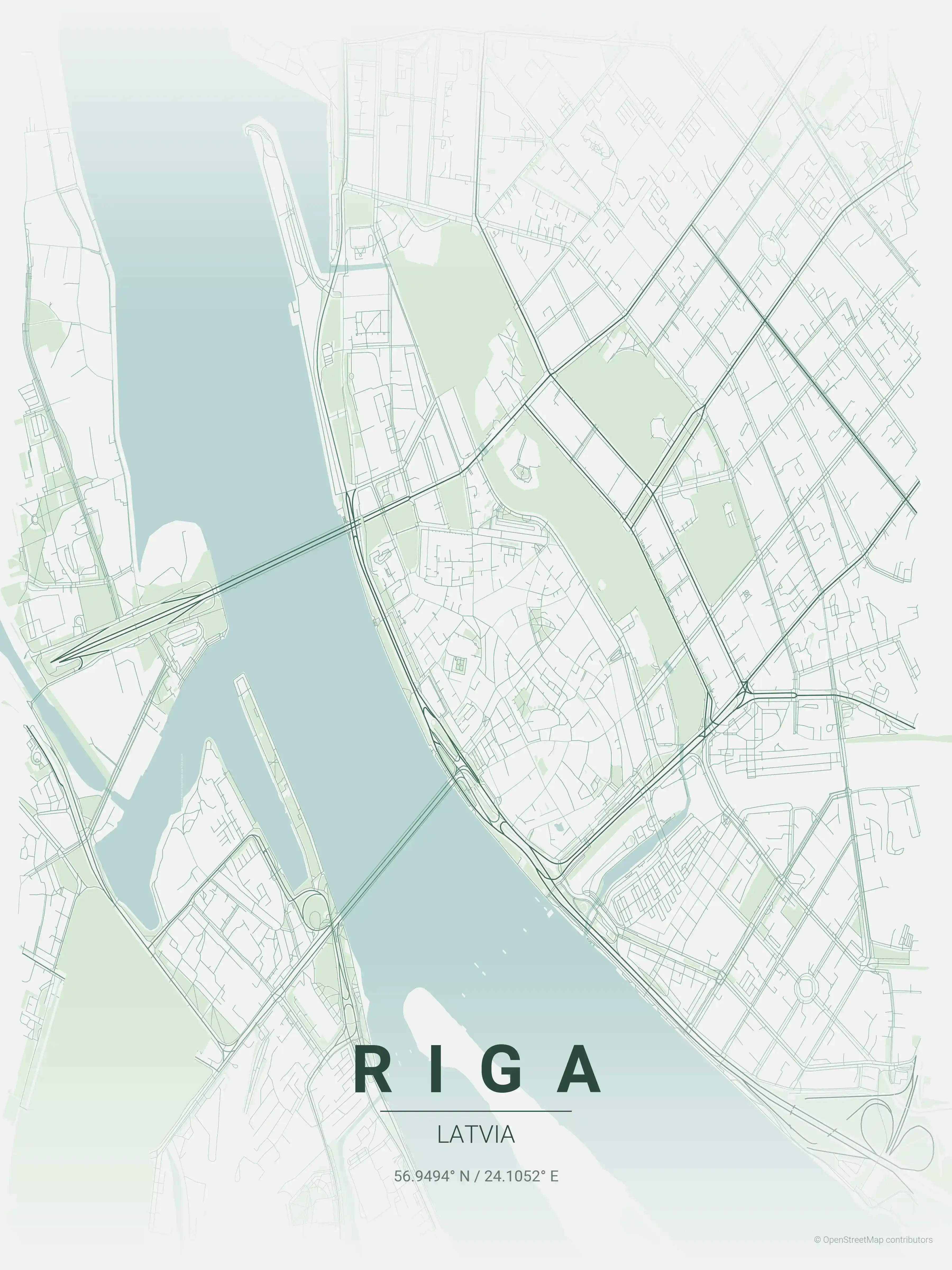 Minimalist forest street map of Riga, Latvia - Urban grid art