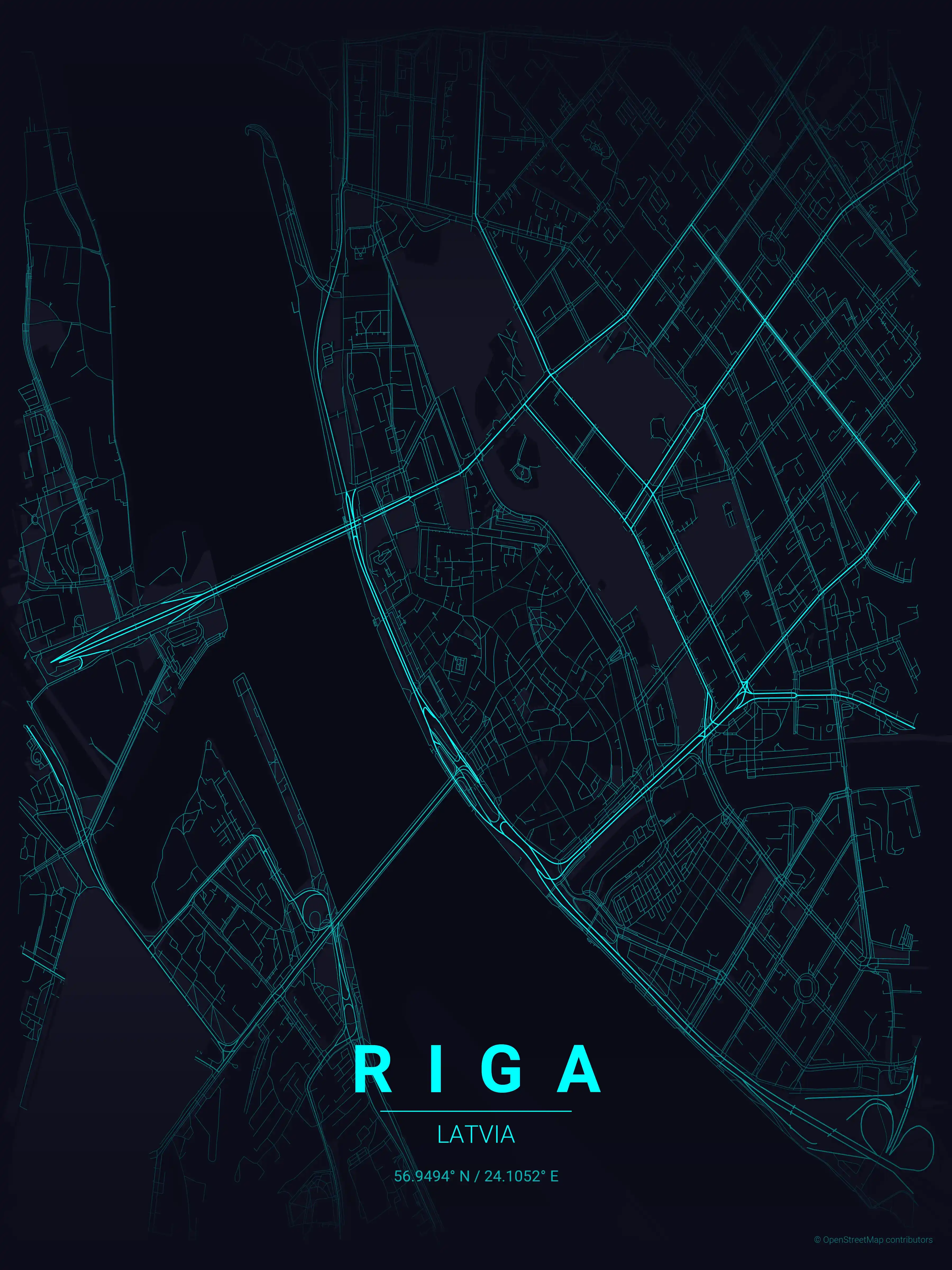 Minimalist neon_cyberpunk street map of Riga, Latvia - Urban grid art