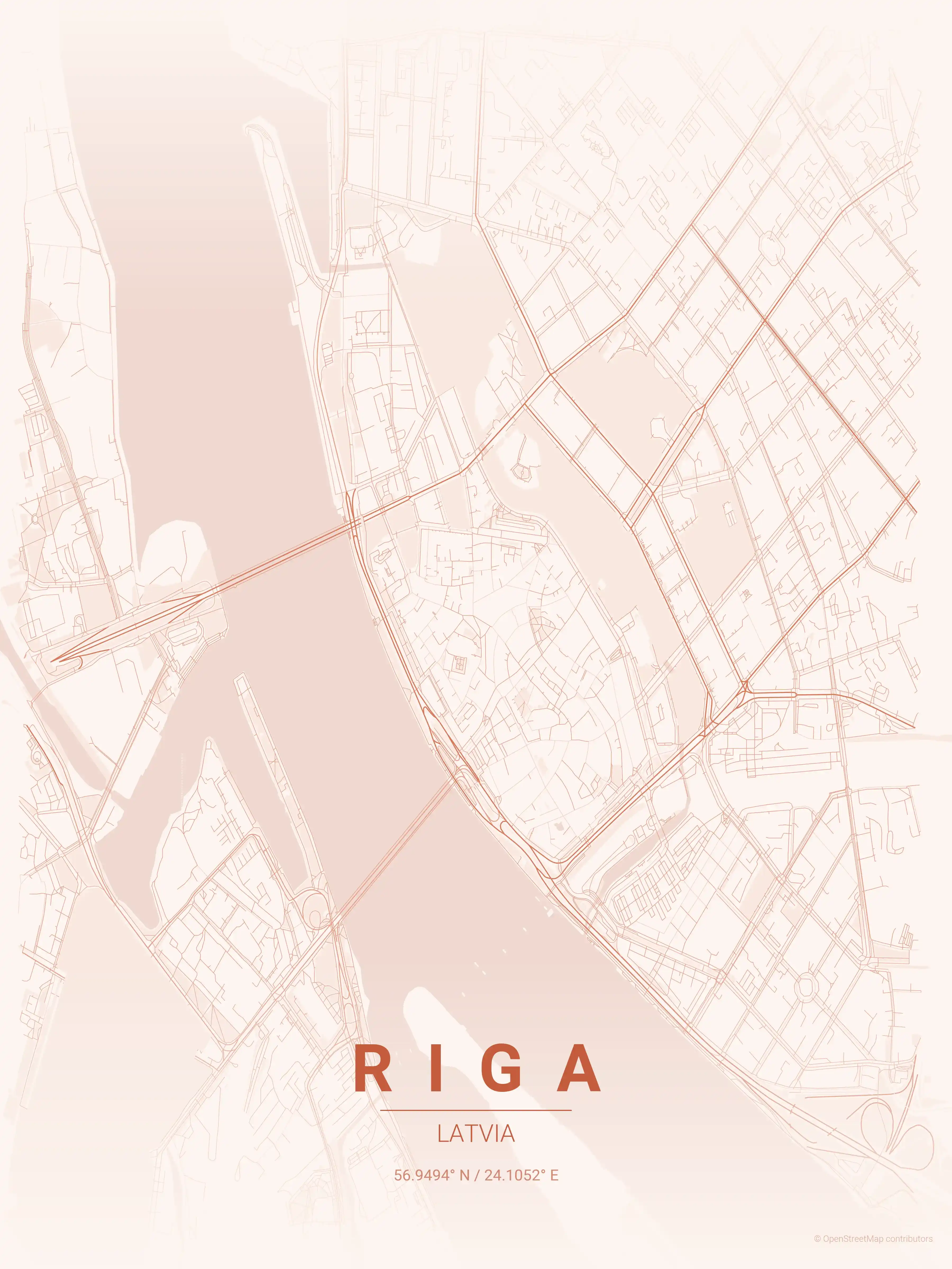 Minimalist sunset street map of Riga, Latvia - Urban grid art
