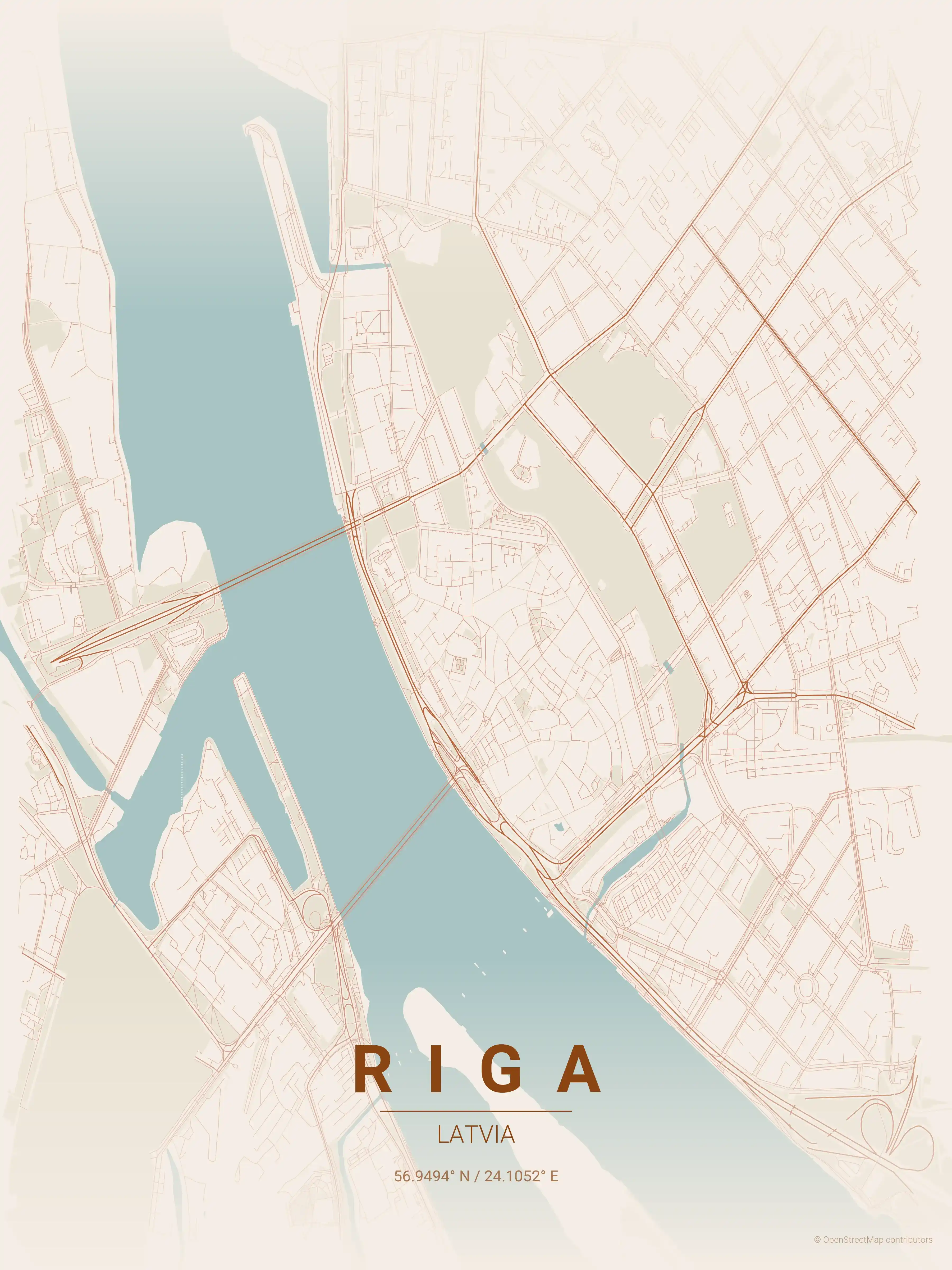 Minimalist terracotta street map of Riga, Latvia - Urban grid art