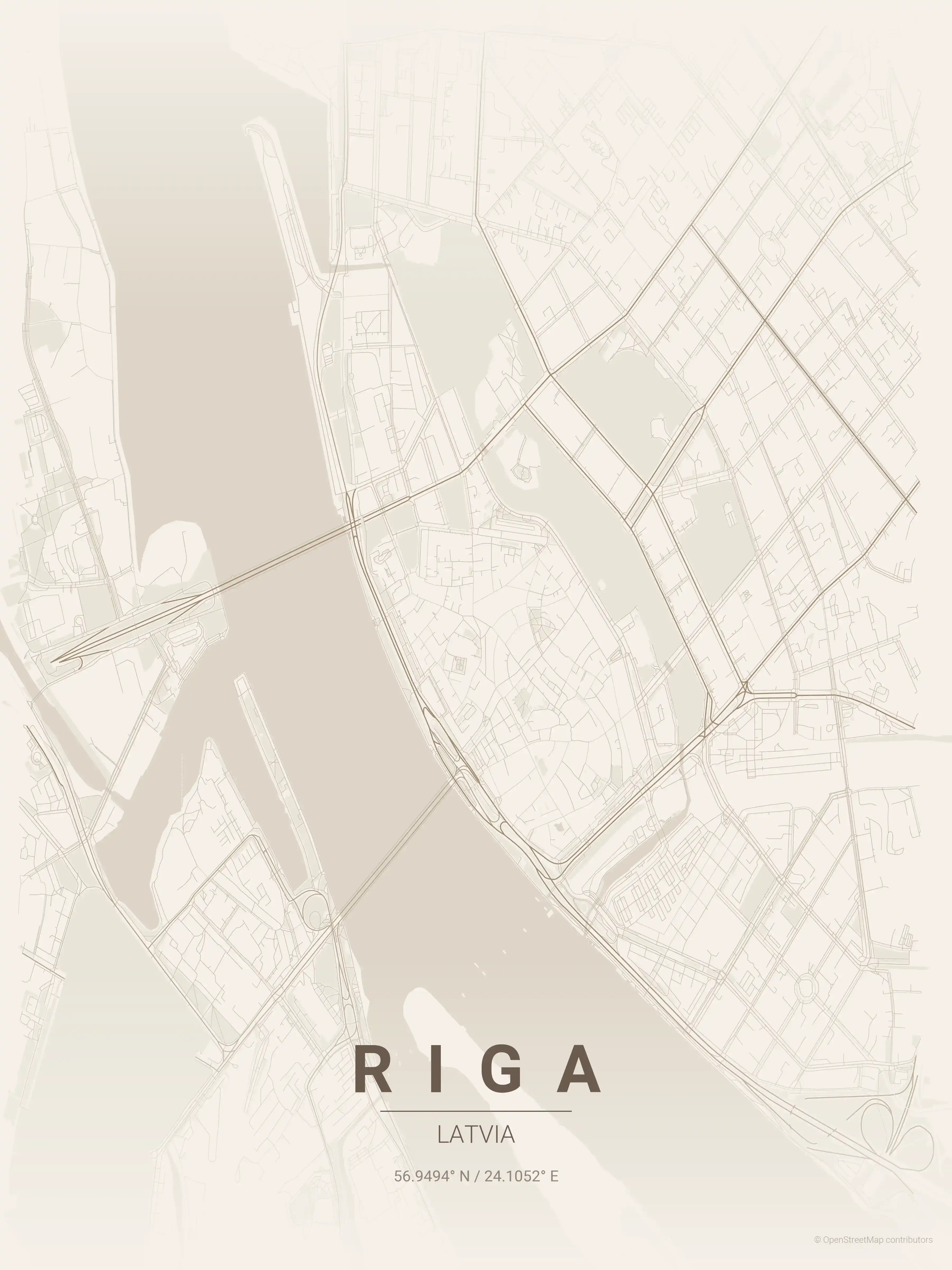 Minimalist warm_beige street map of Riga, Latvia - Urban grid art