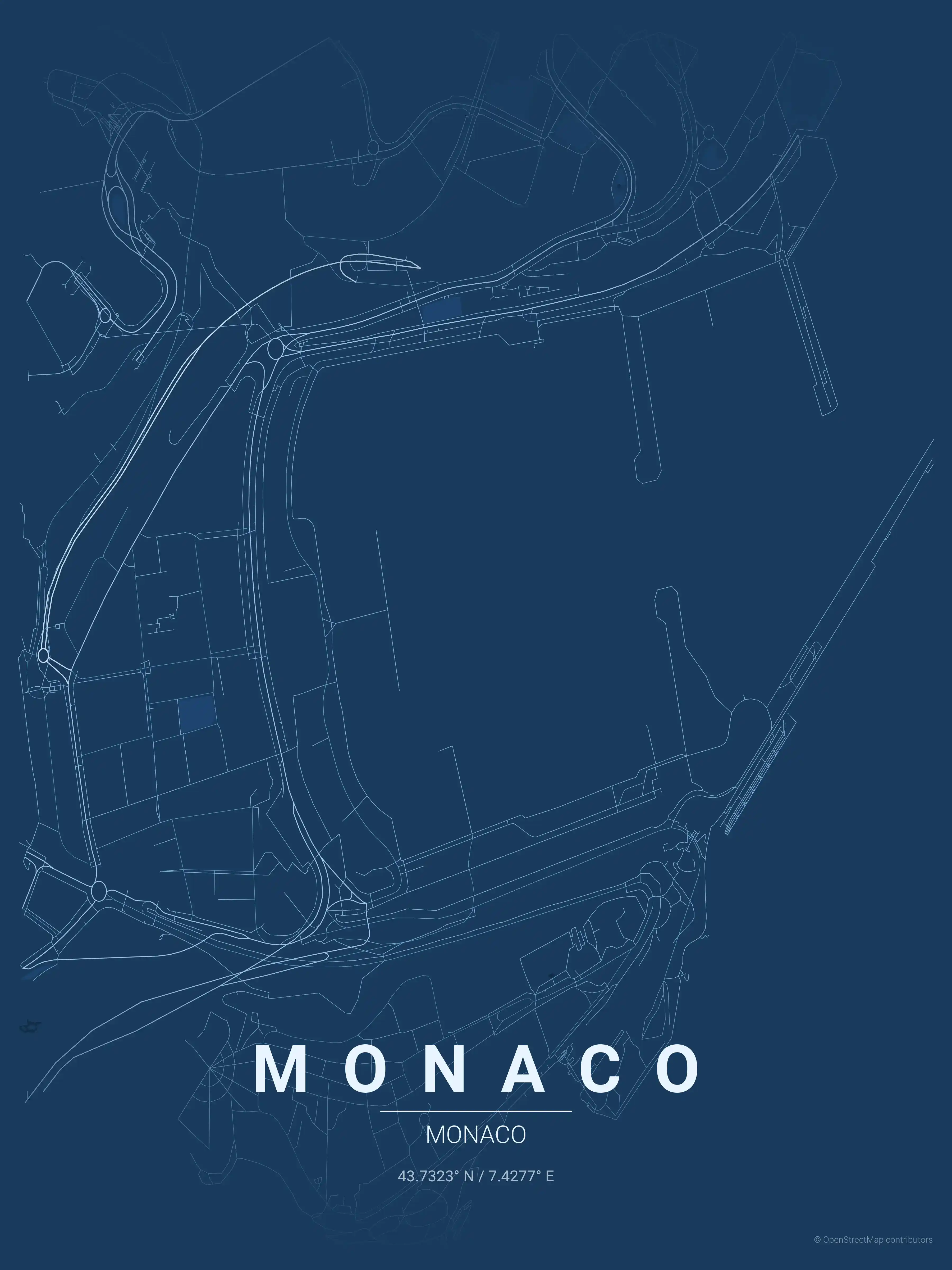 Minimalist blueprint street map of Monaco, Monaco - Urban grid art