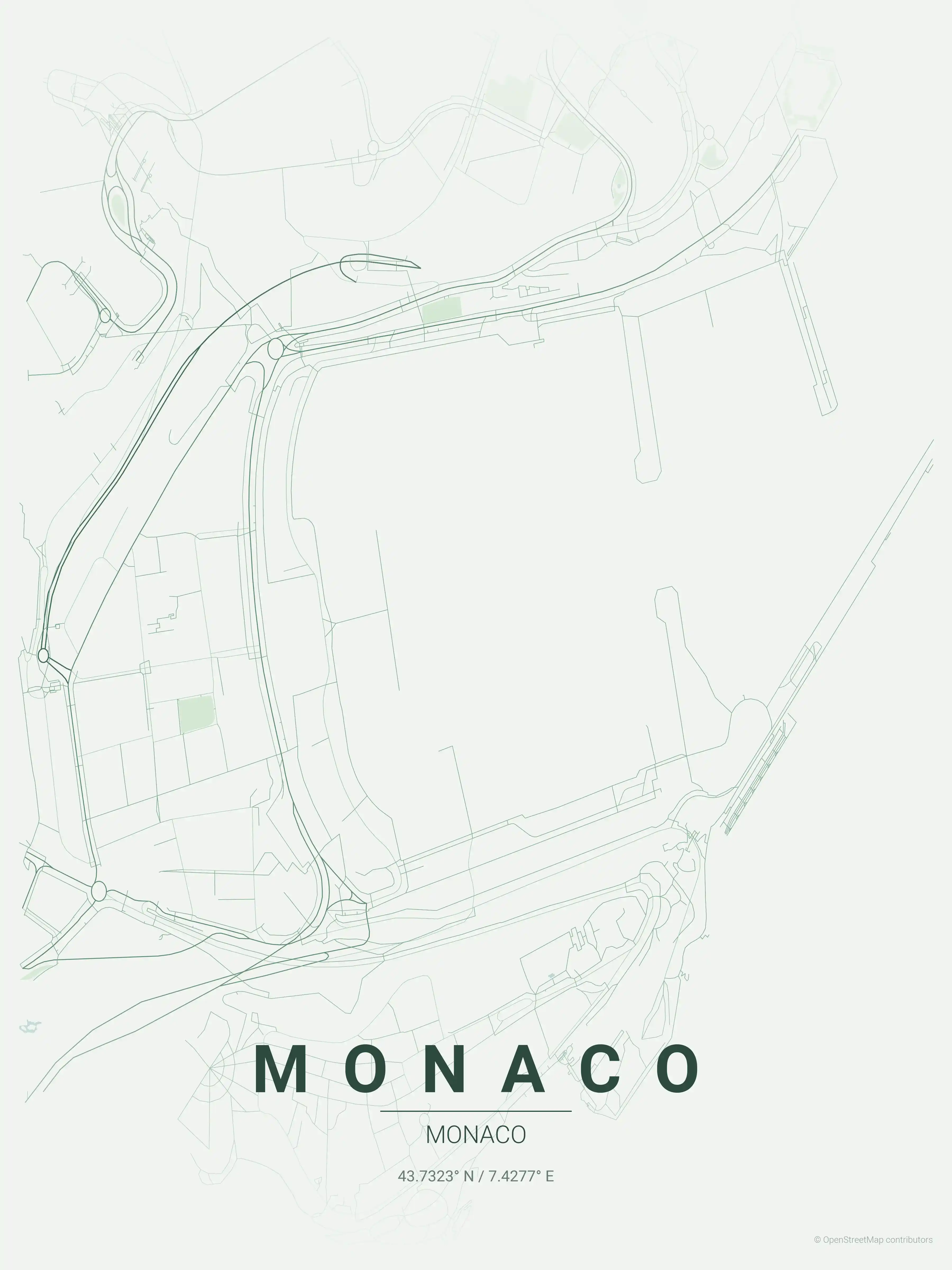 Minimalist forest street map of Monaco, Monaco - Urban grid art