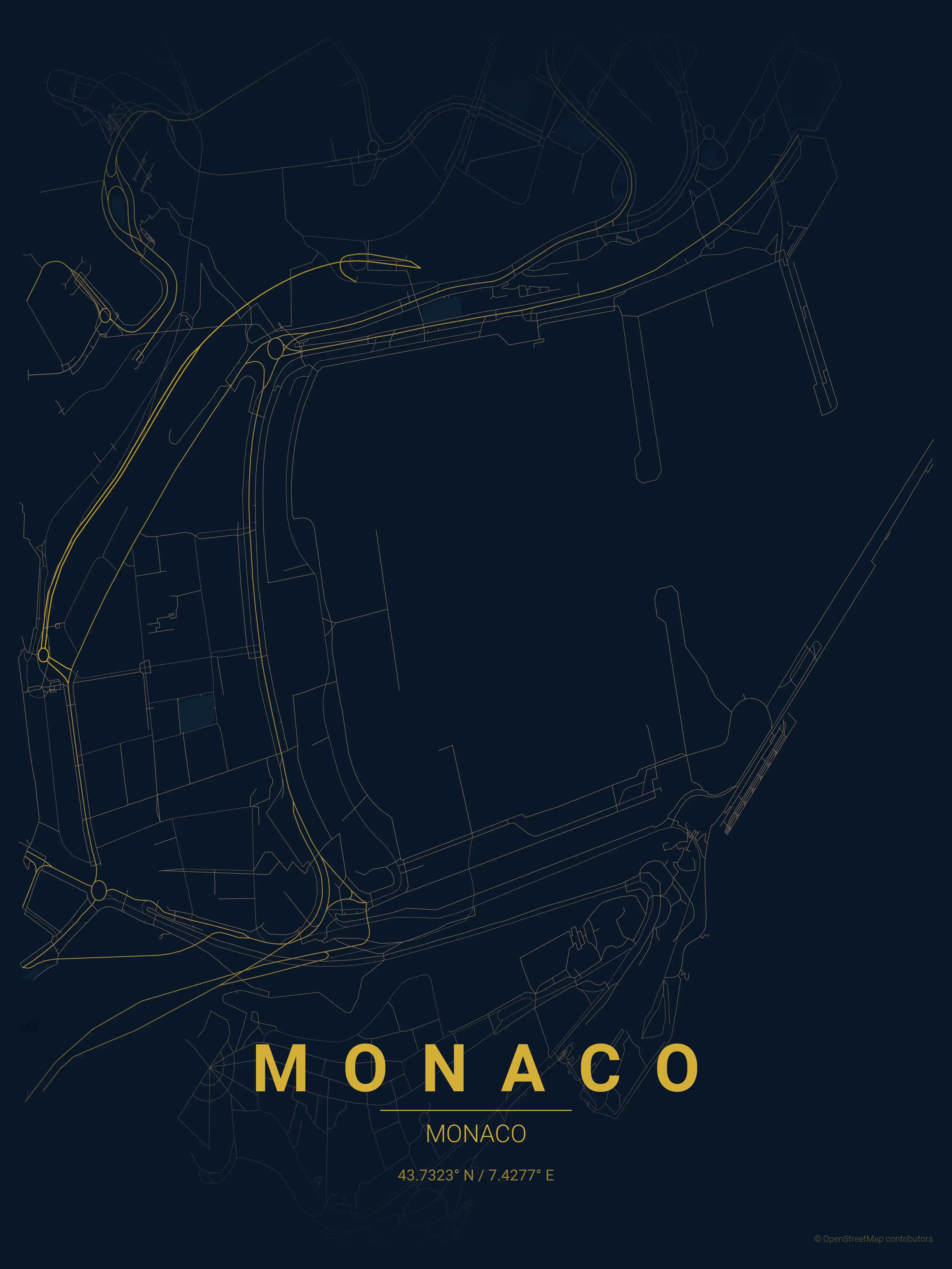 Minimalist midnight_blue street map of Monaco, Monaco - Urban grid art