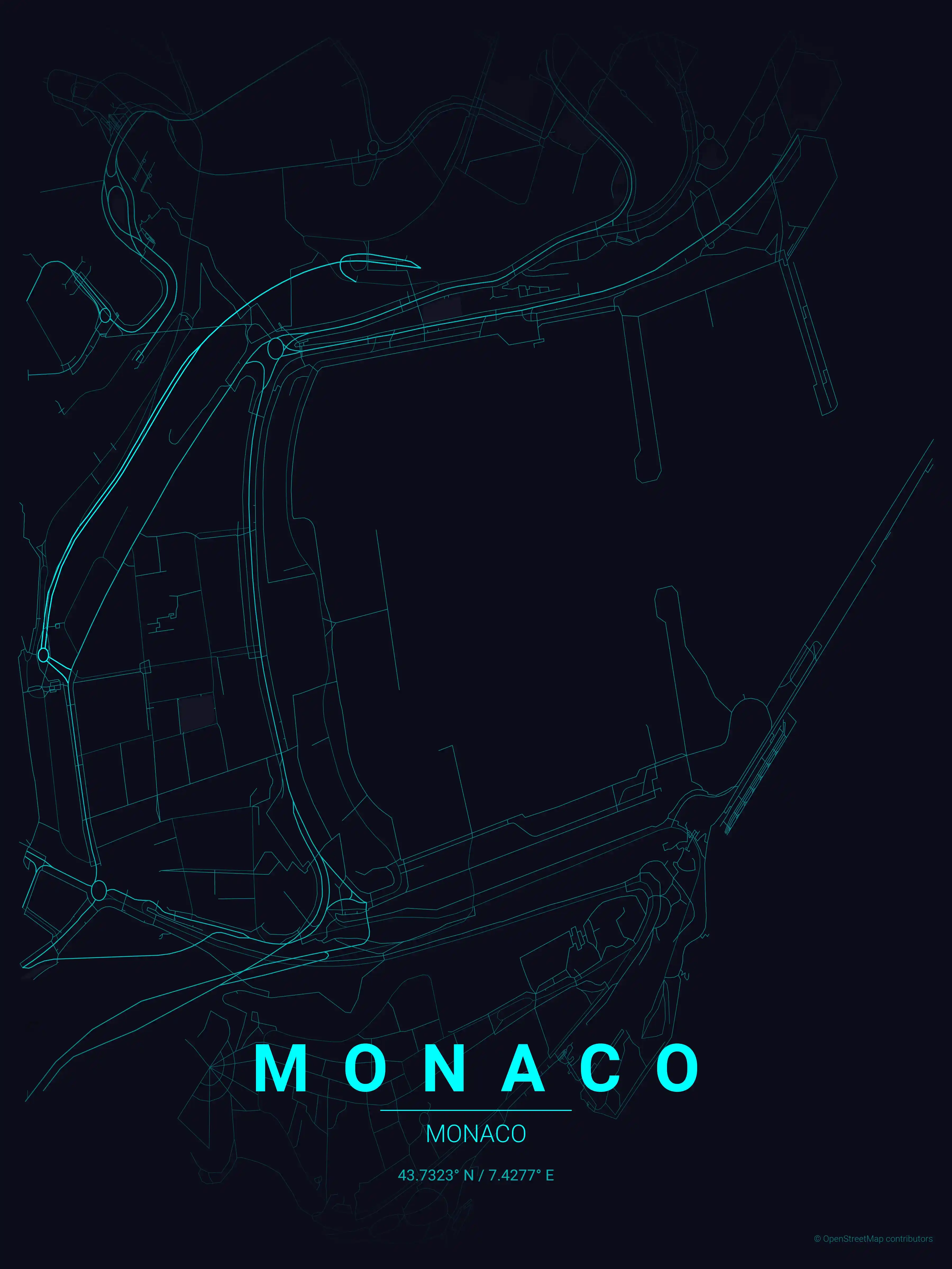 Minimalist neon_cyberpunk street map of Monaco, Monaco - Urban grid art