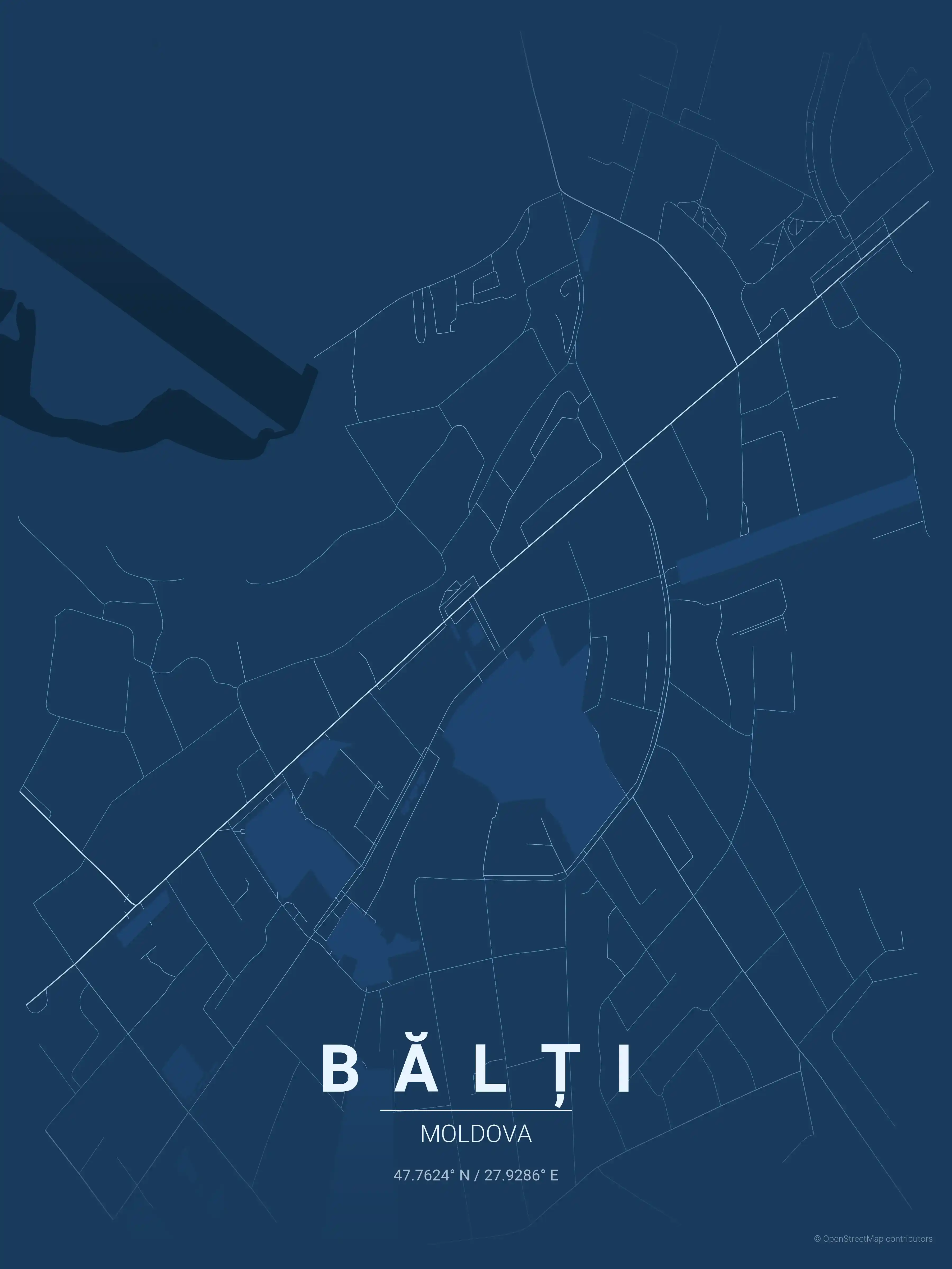 Minimalist blueprint street map of Bălți, Moldova - Urban grid art