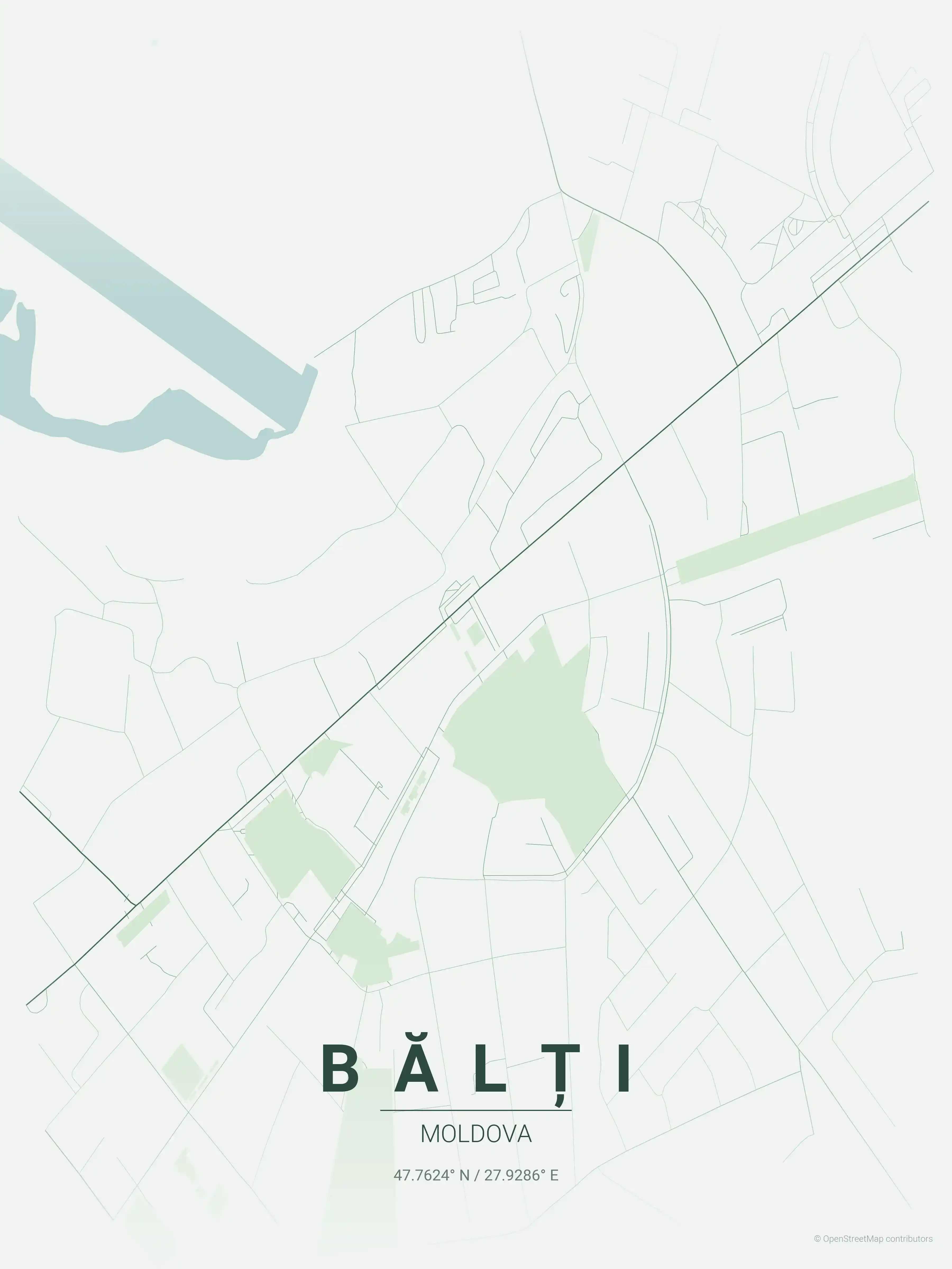 Minimalist forest street map of Bălți, Moldova - Urban grid art