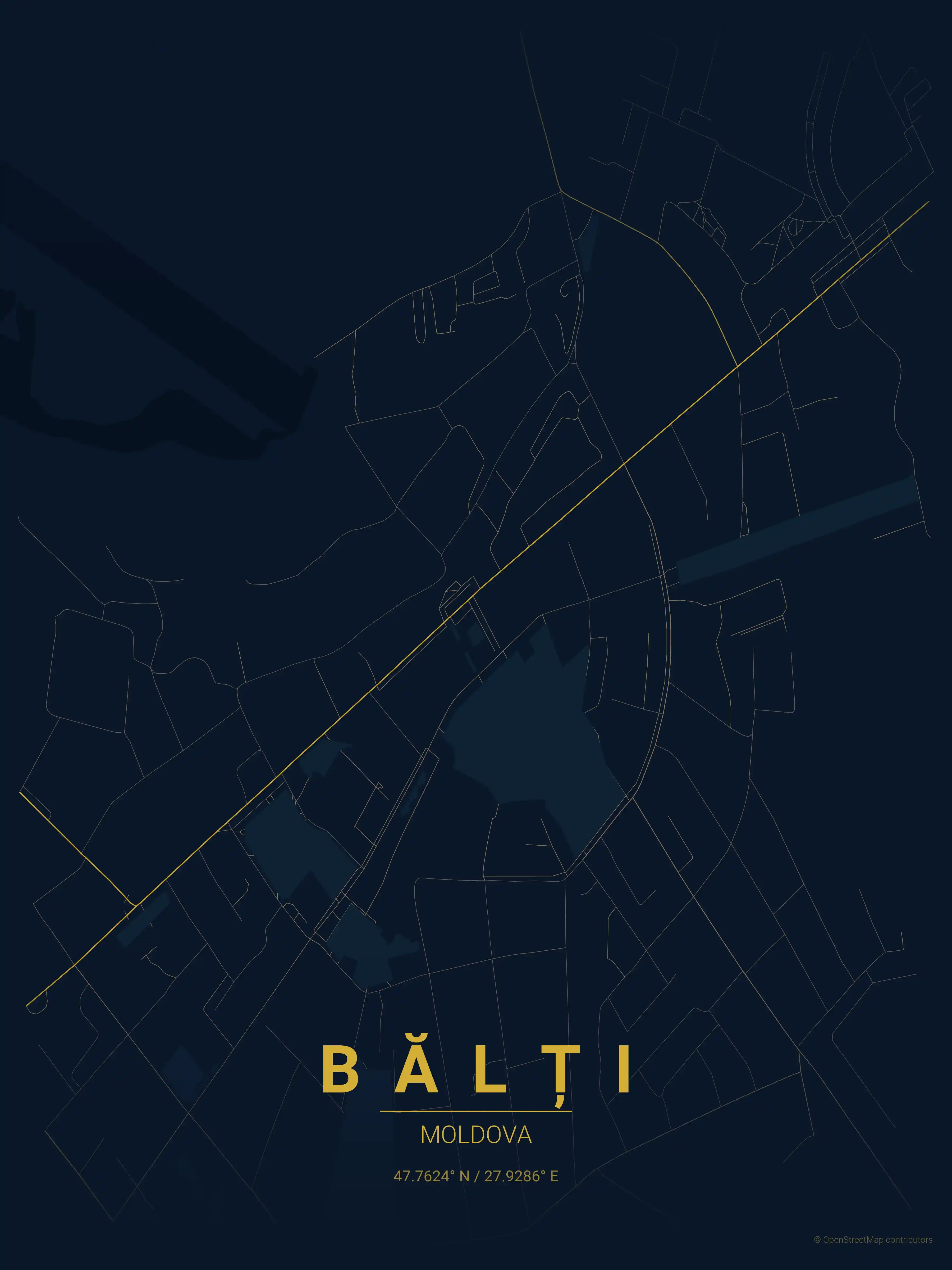 Minimalist midnight_blue street map of Bălți, Moldova - Urban grid art