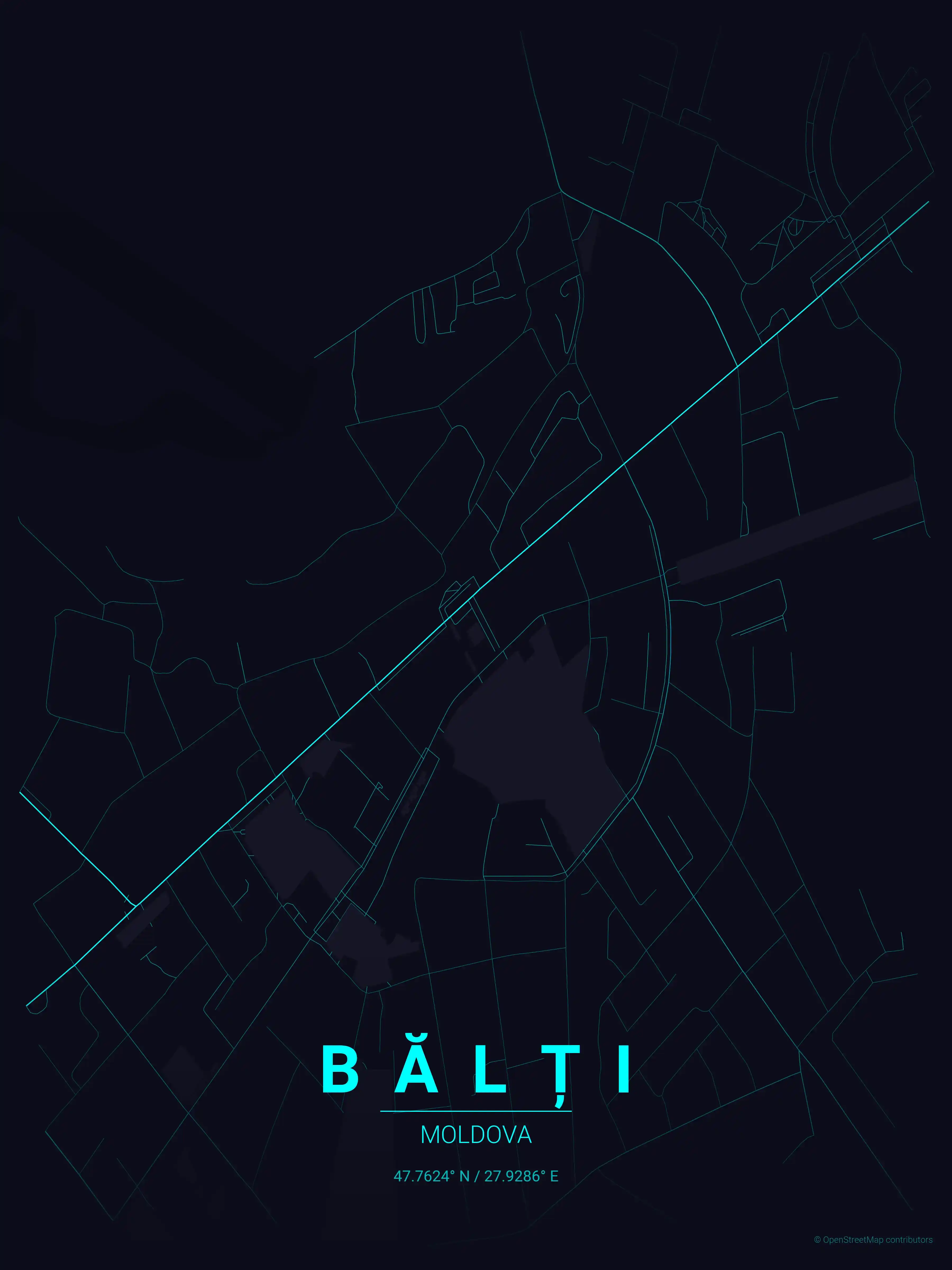 Minimalist neon_cyberpunk street map of Bălți, Moldova - Urban grid art