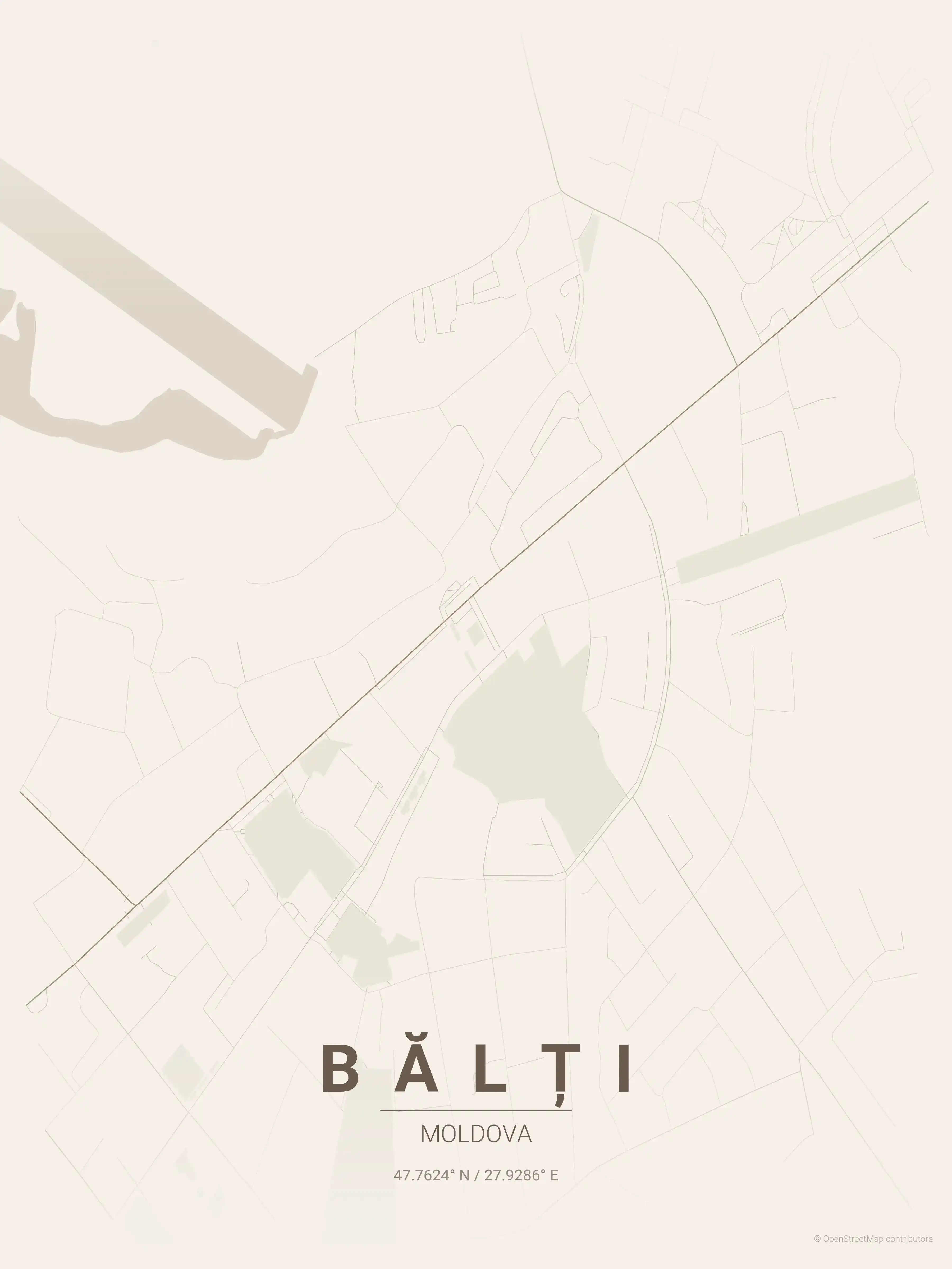 Minimalist warm_beige street map of Bălți, Moldova - Urban grid art