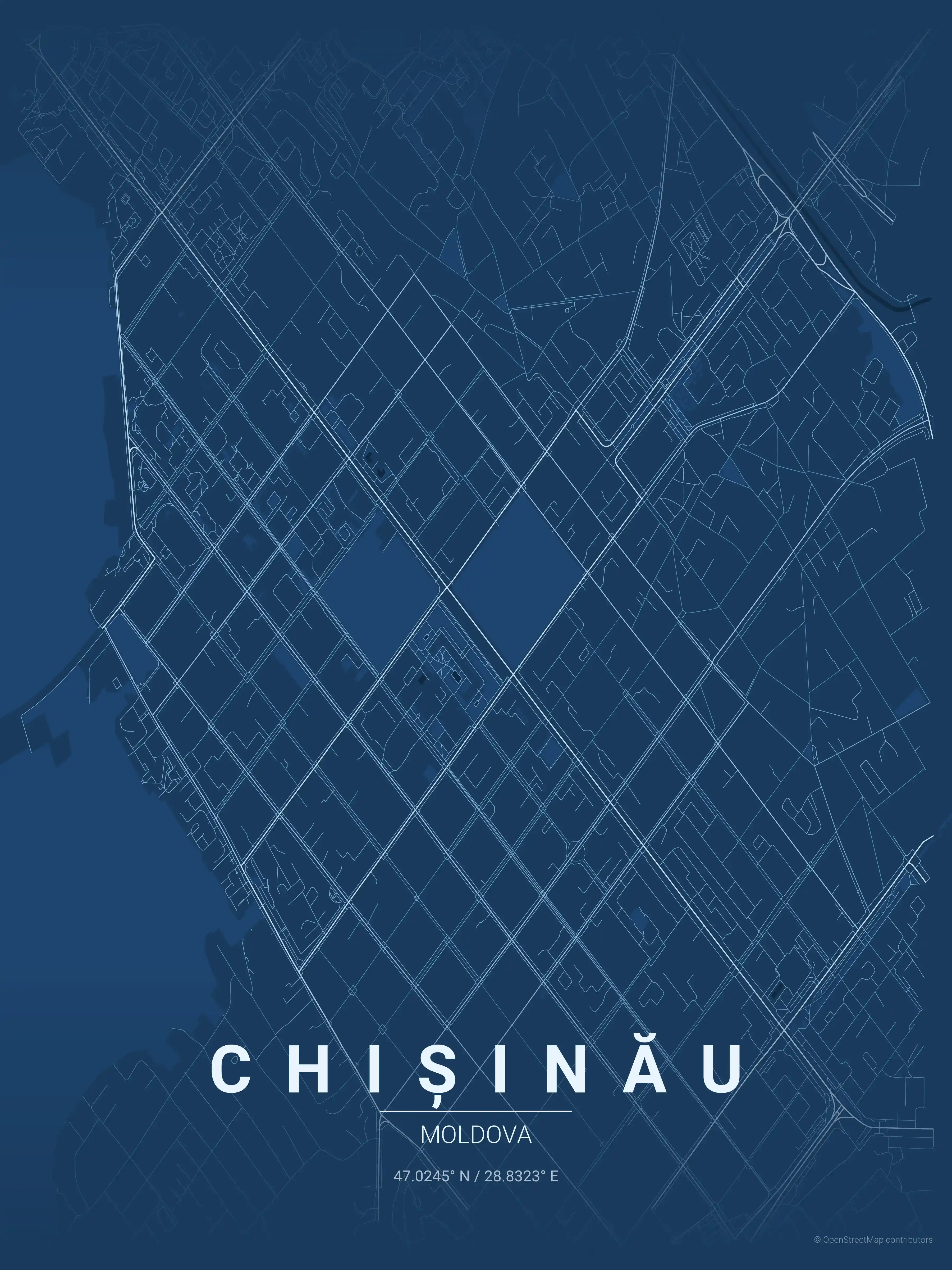 Minimalist blueprint street map of Chișinău, Moldova - Urban grid art